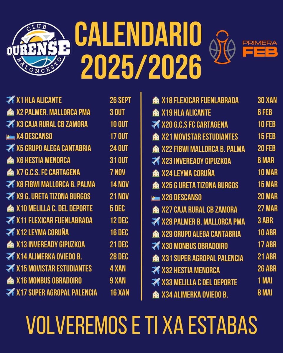 ✈️Comezamos lonxe, contra HLA Alicante.
🏟️Volvemos ao Pazo na segunda xornada.
🐺E rematamos aquí, xuntos, contra Oviedo.

📅 Non é só un calendario.
É o camiño que nos trae de volta.

VOLVEREMOS, E TI XA ESTABAS

#ForzaCOB #VolveremosETiXaEstabas