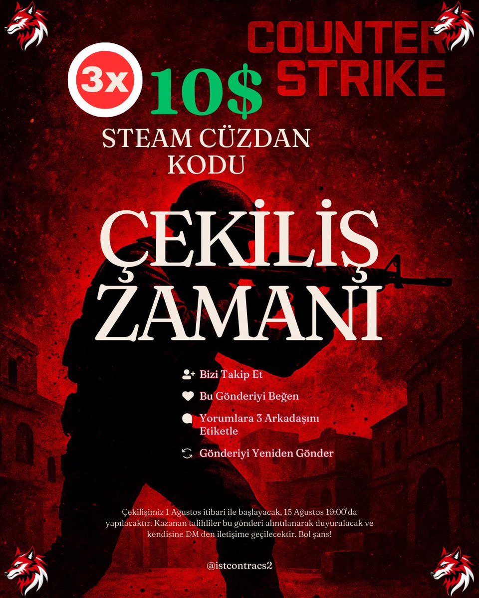 İstanbul Contra olarak ilk çekilişimizde sizlere 3x 10$ steam cüzdan kodu veriyoruz!

Yapmanız gerekenler:
🚨 @istcontracs2 hesabını takip et
🚨 Bu gönderiyi beğen ve yeniden paylaş
🚨 Yorumlara 3 arkadaşını etiketle

Sonuçlar 15 Ağustos tarihinde saat 19.00' da açıklanacaktır.