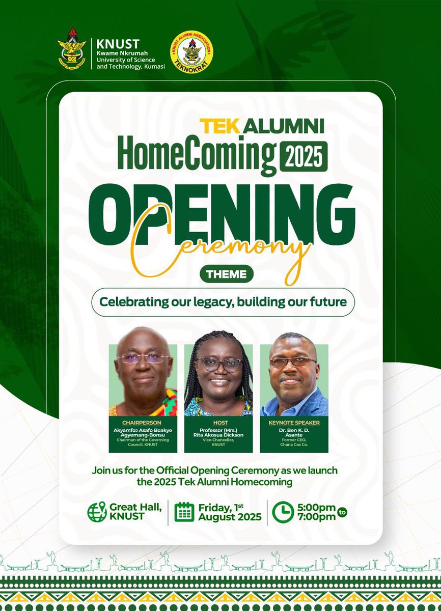 GESA KNUST (@thegesaknust) on Twitter photo ‼️ Happening Today
5:00pm at the Great Hall
The Opening Ceremony of #TEKAlumniHomecoming2025 kicks off on Today,  August 1. A celebration of legacy, connection, and shared pride. Let the memories begin.
#TekAlumniHomecoming ‼️ Happening Today
5:00pm at the Great Hall
The Opening Ceremony of #TEKAlumniHomecoming2025 kicks off on Today,  August 1. A celebration of legacy, connection, and shared pride. Let the memories begin.
#TekAlumniHomecoming
