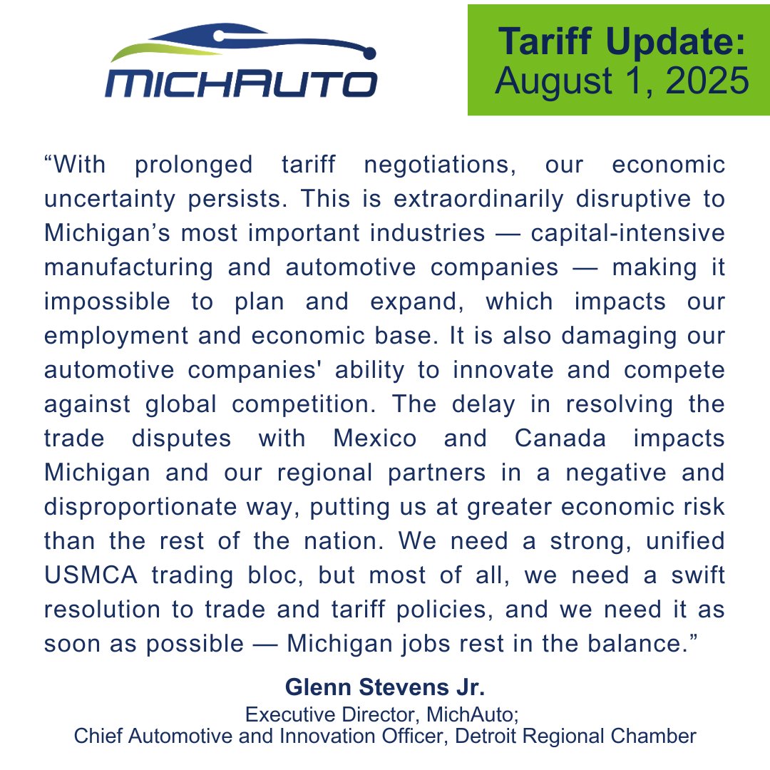 MichAuto (@michauto) on Twitter photo Read MichAuto's statement from Executive Director <a href="/glennrstevens/">Glenn Stevens</a> on the impact of the latest trade developments and tariff agreements.
📰 : michauto.org/august-1-micha… Read MichAuto's statement from Executive Director <a href="/glennrstevens/">Glenn Stevens</a> on the impact of the latest trade developments and tariff agreements.
📰 : michauto.org/august-1-micha…