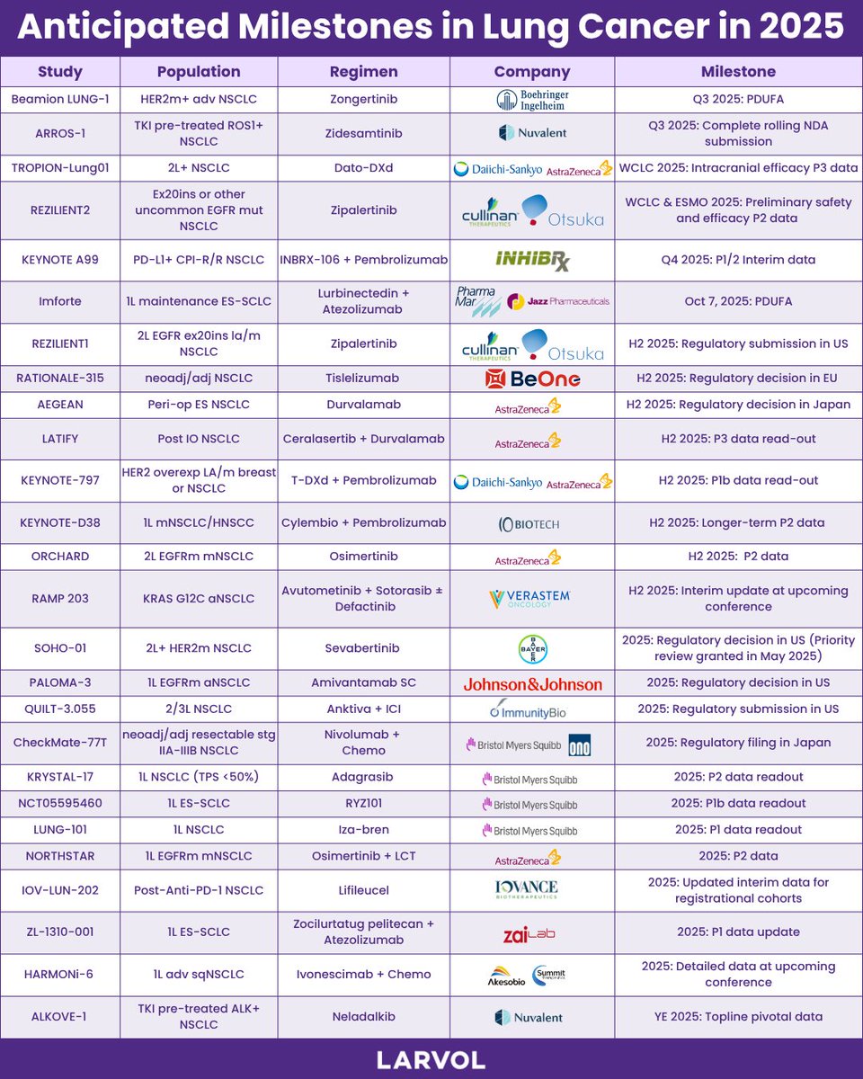 Key lung cancer 🫁 milestones to watch in 2025.

🔗 Follow us for latest clinical trials and insights from the world of oncology 👉 clin.larvol.com

#LARVOL #LungCancer #WorldLungCancerDay #CancerResearch #Oncology #ClinicalTrials #CancerData #OncologyInsights #WLCD |