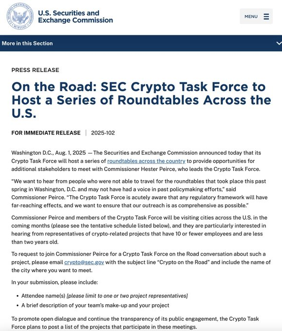 🇺🇸 BREAKING: SEC to host crypto roundtables across the U.S.

Regulation is coming

Bullish for RWA 🚀