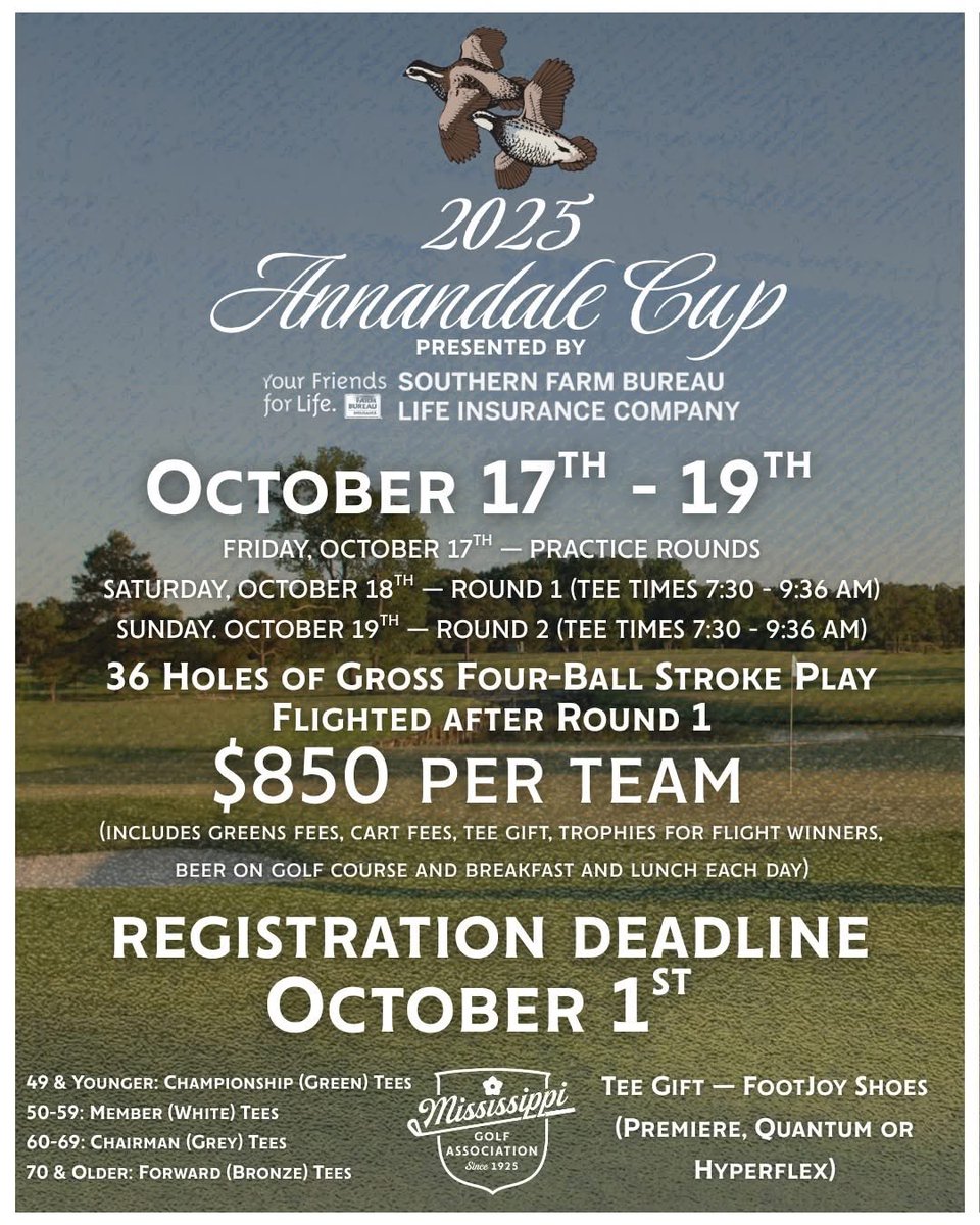 Play one of Mississippi's most exclusive golf clubs this fall! More info: shorturl.at/zJiG4

Registration link: shorturl.at/iHc3s