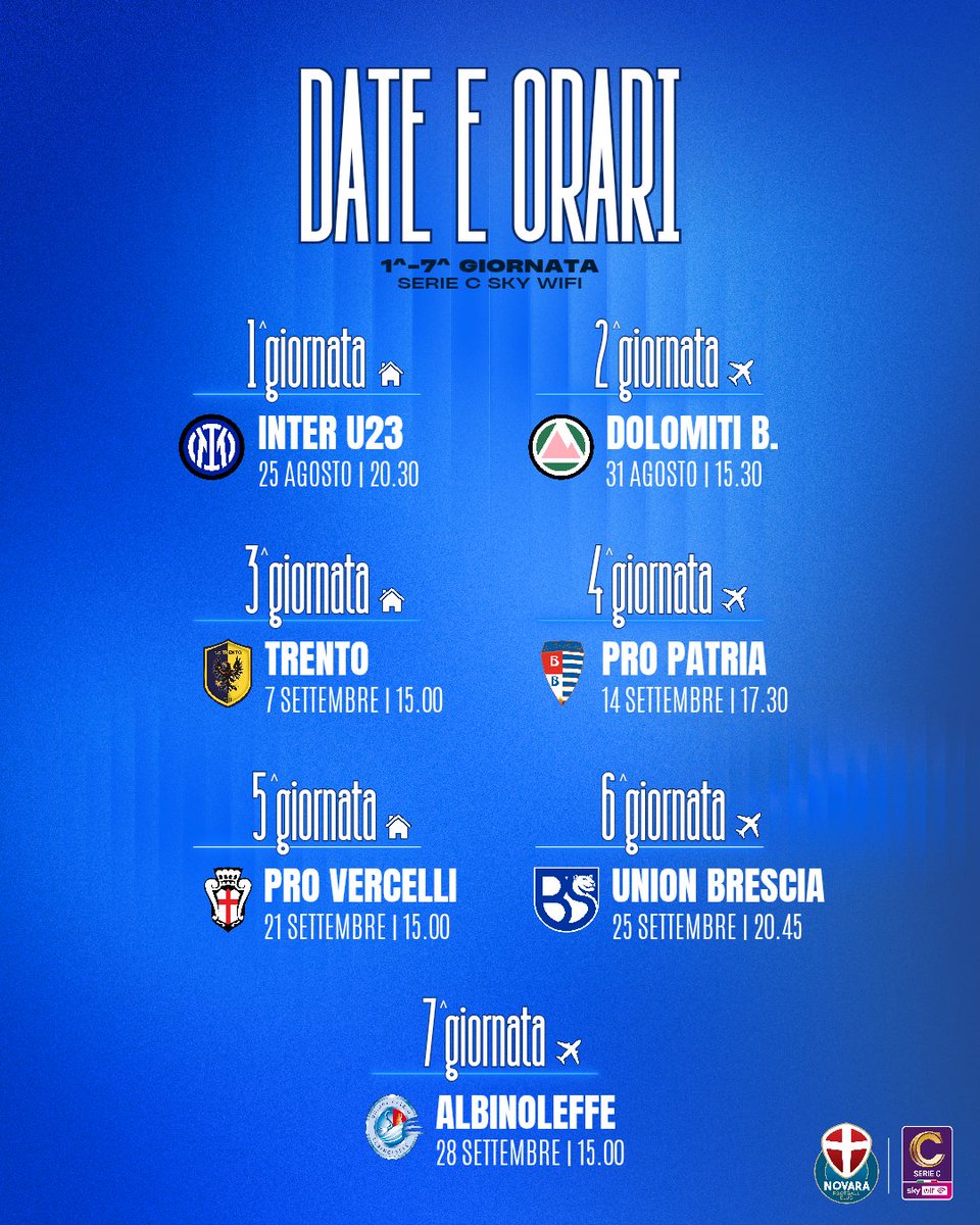 Le prime 7️⃣

📆 Ecco i giorni e gli orari da segnare sul calendario per non perdersi le partite degli azzurri 

#ForzaNovara 🔵⚪ #NovaraFC #SerieCSkyWifi