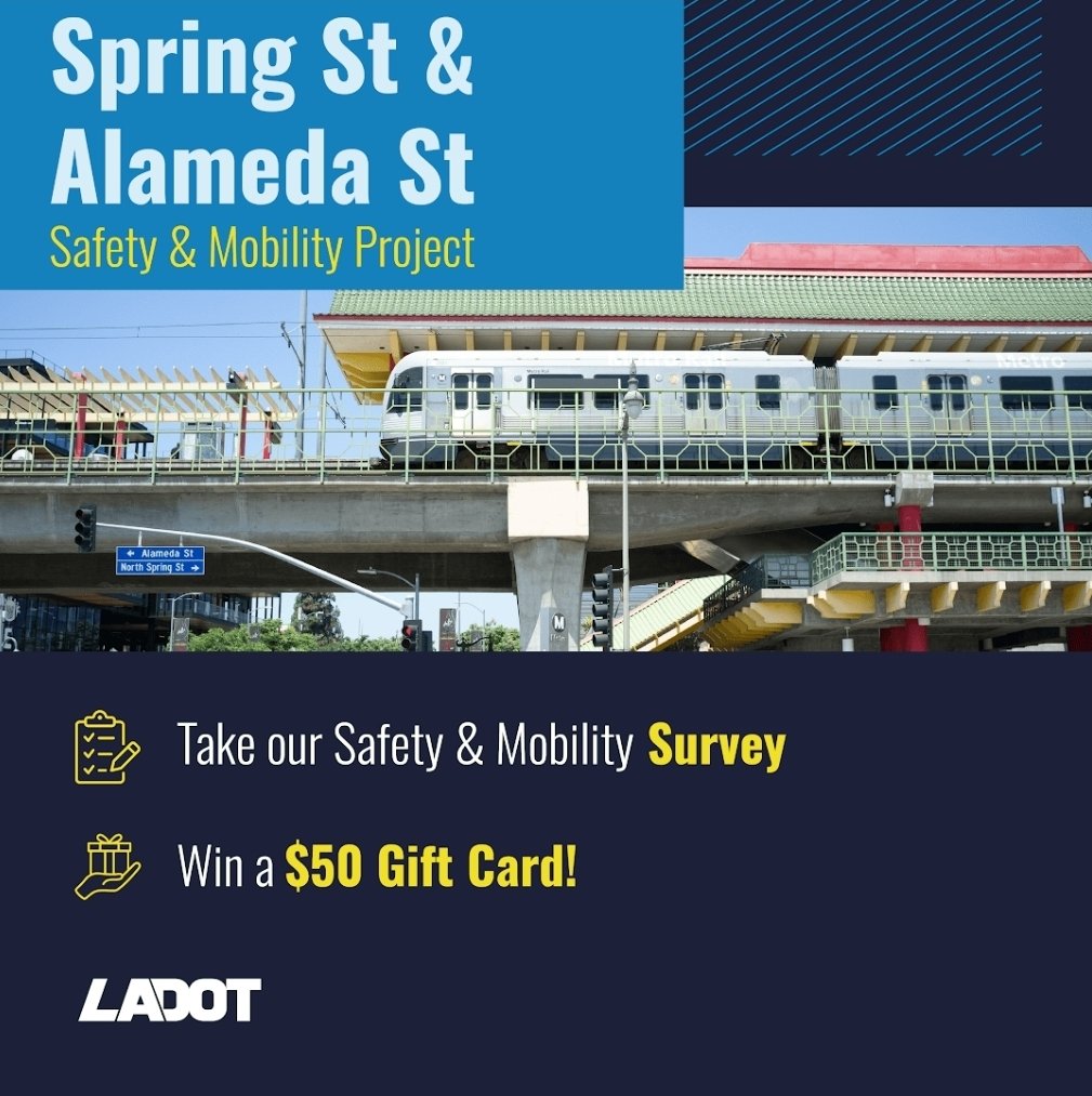 🚶‍♀️🚴‍♂️ LADOT is planning safety and mobility upgrades on Spring &amp; Alameda near Chinatown, Union Station &amp; LA State Historic Park. They want your input! Take the survey by Mon, Sept 8 for a chance to win a $50 gift card. 🔗 bit.ly/S-A_Survey