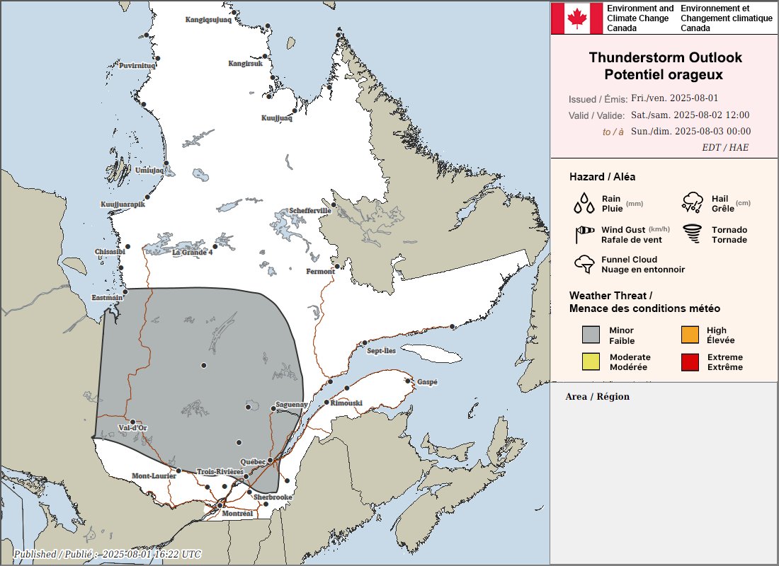 ECCC Weather Quebec (@ecccweatherqc) on Twitter photo Thunderstorm outlooks for Quebec valid tonight and tomorrow, Saturday July 2.
Any report of damage can be sent to Environment and Climate Change Canada using #QCstorm or by emailing QCstorm@ec.gc.ca. Thunderstorm outlooks for Quebec valid tonight and tomorrow, Saturday July 2.
Any report of damage can be sent to Environment and Climate Change Canada using #QCstorm or by emailing QCstorm@ec.gc.ca.