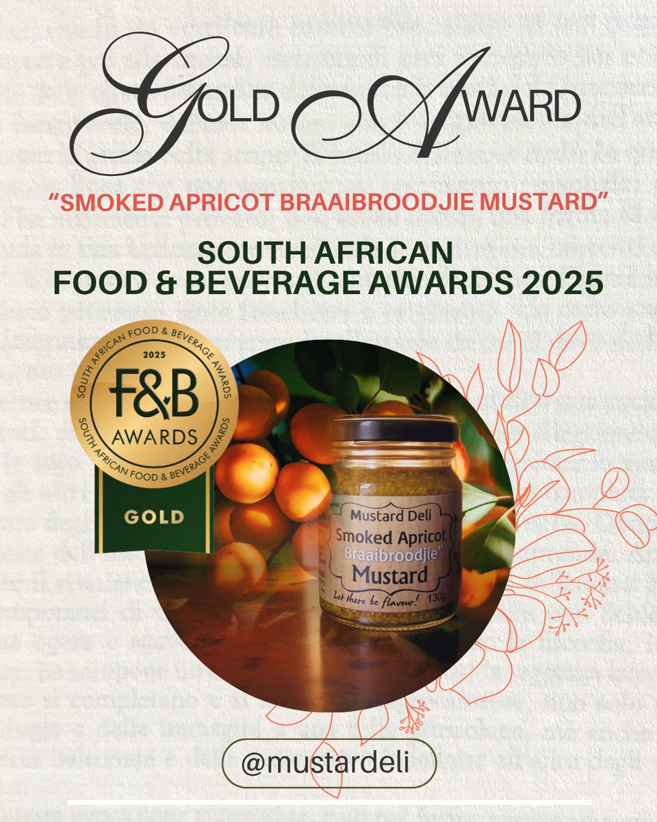 Mustardeli's tweet photo. We are so incredibly proud of our achievement at the South African Food &amp; Beverage Awards 2025! 📷📷📷📷
📷GOLD for our Smoked Apricot Braaibroodjie Mustard!📷

Contact details: Anthony 072 1839110, admin@mustardeli.co.za
#mustarddeli  #mrmustard #proudlysouthafrican #fbawards https://t.co/SM5VtNajZi