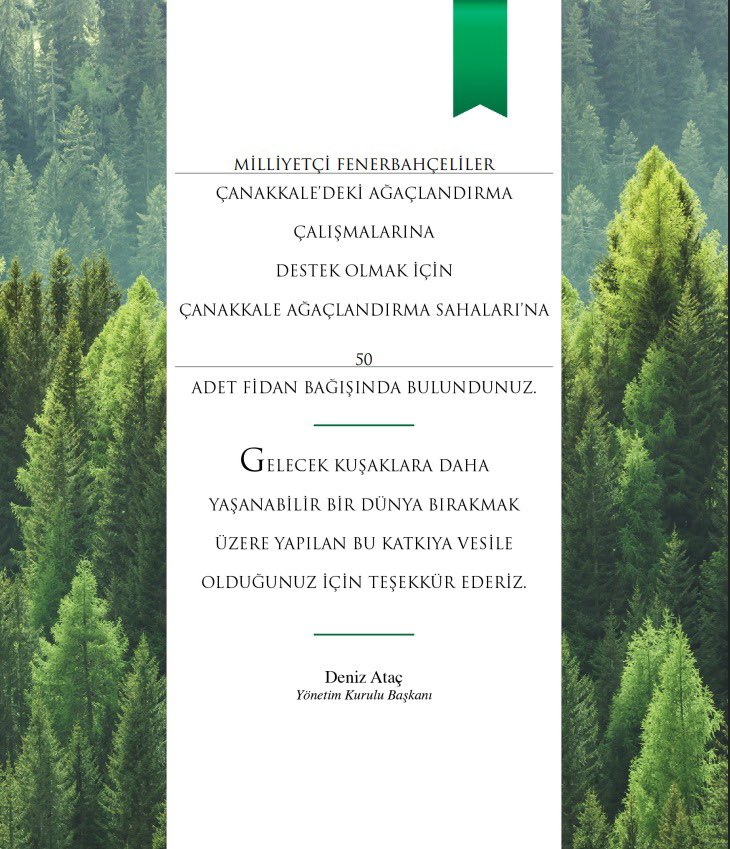 SENİN DE DİKİLİ BİR AĞACIN OLSUN!

Milliyetçi Fenerbahçeliler ailesi olarak vatanımızın dört bir yanında meydana gelen yangınlarda yok olan ormanlarımızı, yerlerine yeni fidanlar dikerek tekrar yeşertmek için sosyal sorumluluk projesi başlatıyoruz. 

Geçtiğimiz günlerde hayatını