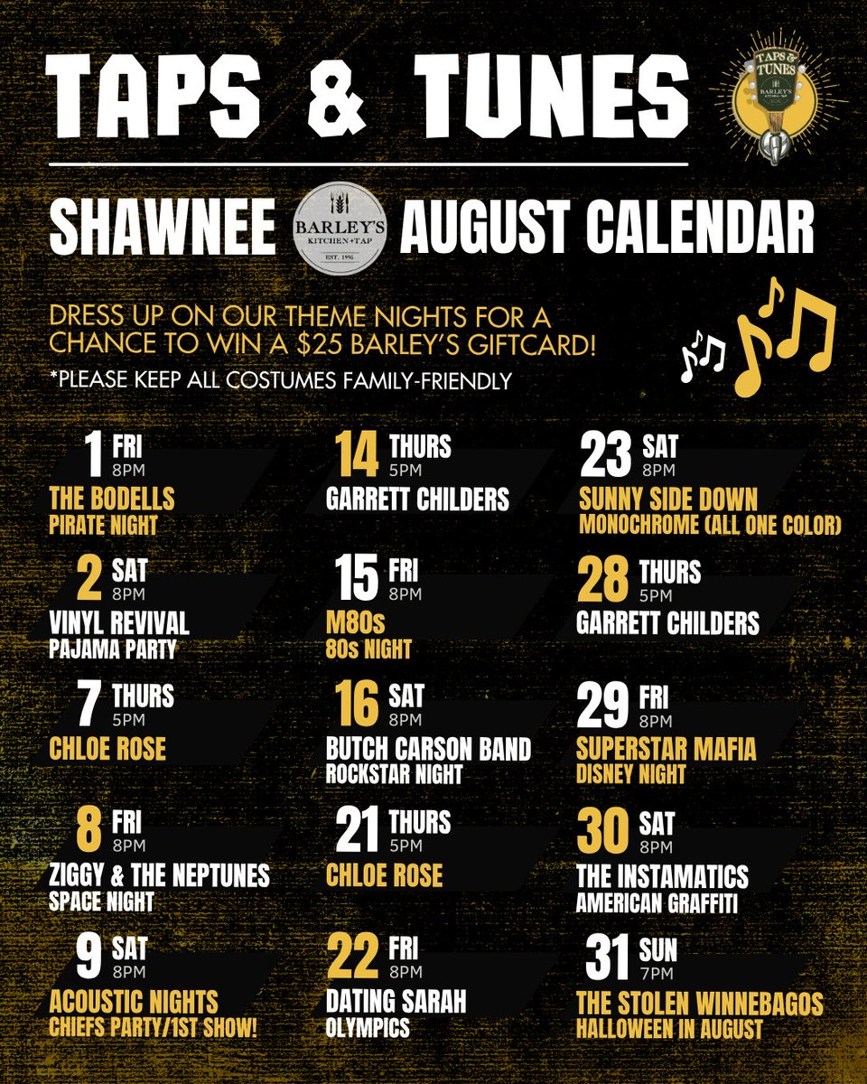 Our full August lineup is here! Get ready for a month of unforgettable nights with local Kansas City musicians, chances to win Barley's giftcards, and 99 taps to choose from 🎉 Check out the list, mark your calendars, and we'll see you soon!