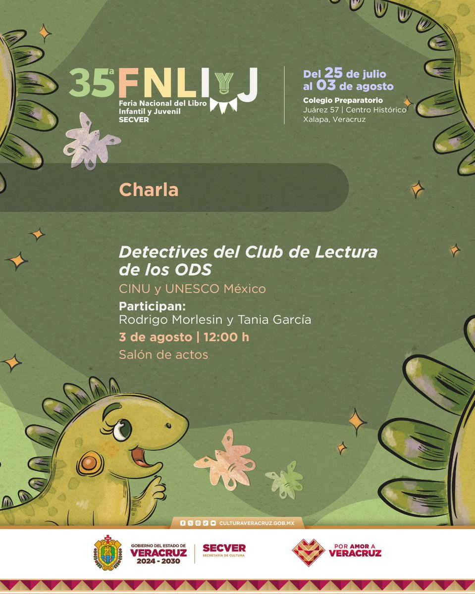 🕵️‍♂️ ¿List@ para una misión especial?
Este 3 de agosto en la #FNLij, únete al Club de Lectura de los ODS con CINU y @unescomexico.
📚 Descubre historias con propósito y encuentra los #ODS como un auténtic@ detective.
📍 Salón de actos | 12 h
¡Nos vemos en Xalapa! 💚