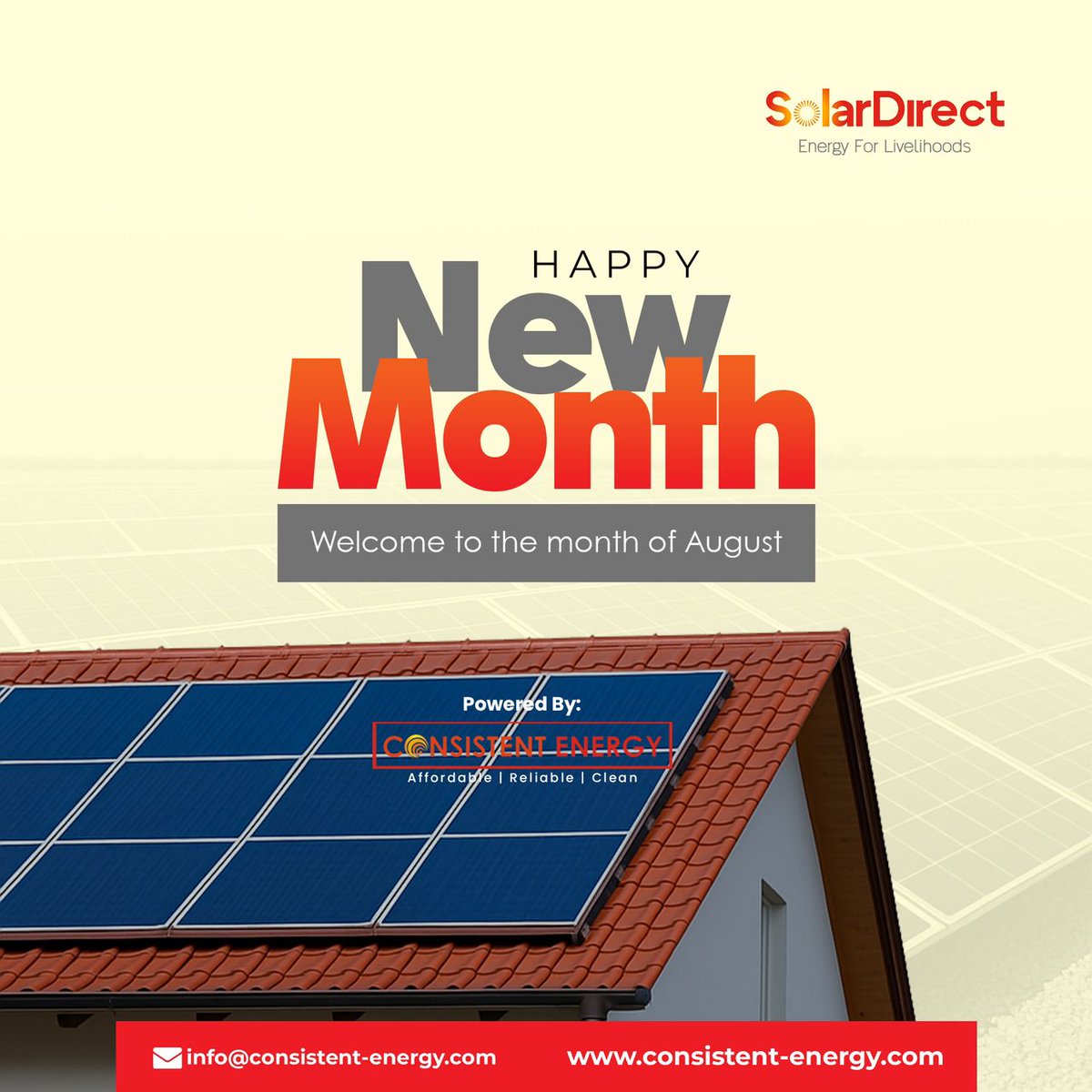 Hello August 🌞
New month, new energy, new opportunities!
Let’s light up lives together with affordable, reliable, and clean power.
#ConsistentEnergy #SolarDirect #HappyNewMonth