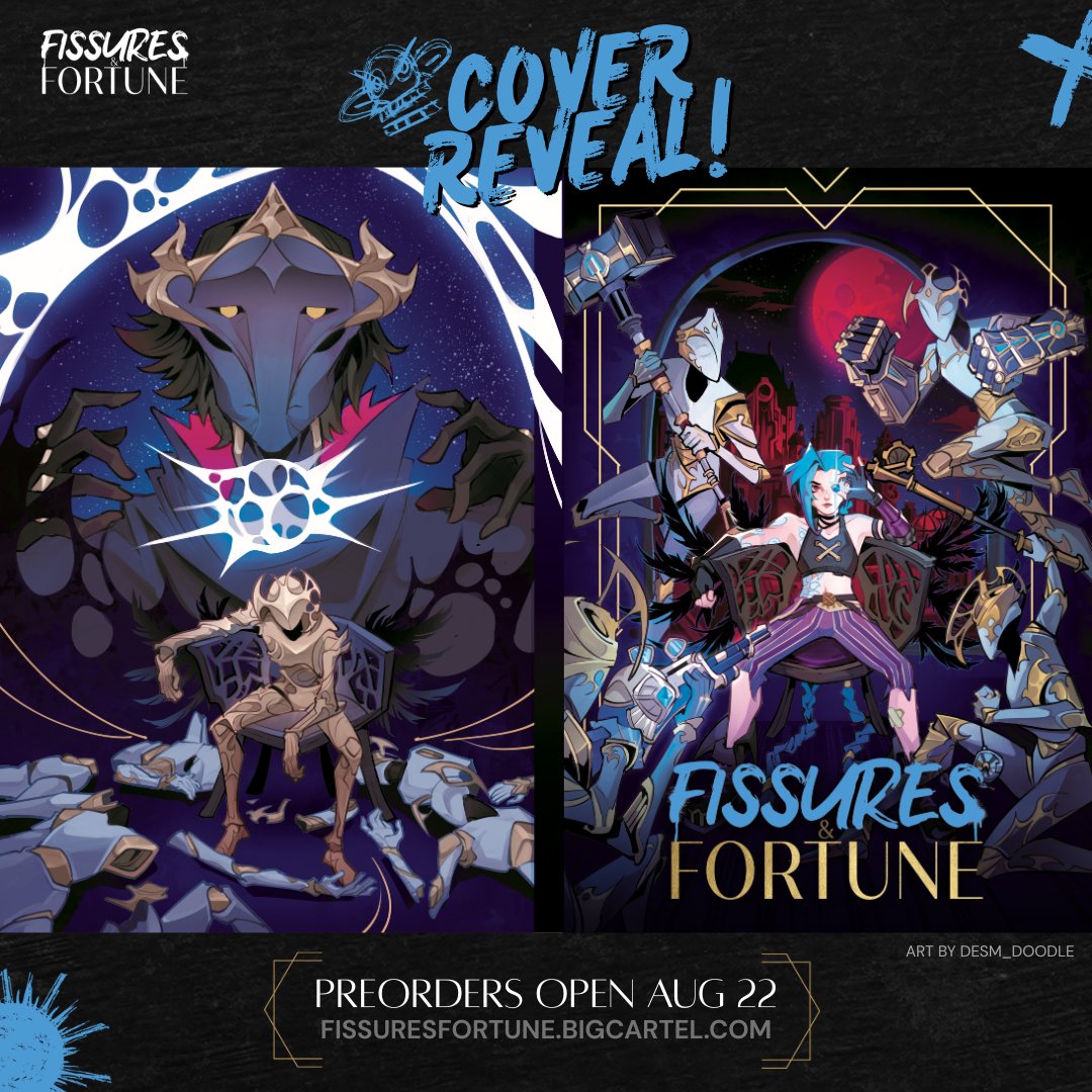 🏙️ COVER REVEAL 🌆

Thank you for the enthusiasm, we have finally unlocked the full cover for Fissures &amp; Fortune! 💙
@/desm_doodle created an incredible cover for us. What an incredible representation of Piltover, Zaun, and how their story unfolds! 💛

Preorders open August 22