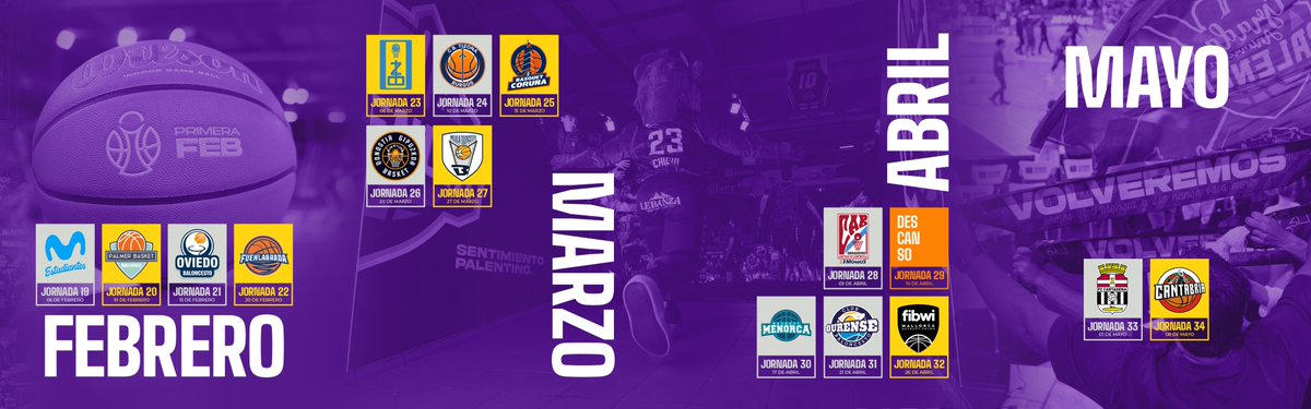 📅🏀 ¡Tenemos calendario 2025/26!

🔛 Empezaremos la liga fuera de casa frente a <a href="/palmerbasket/">Palmer Basket Mallorca Palma</a>. 
🏡 Primer partido en la Caldera el 3 de octubre 🆚 <a href="/cb_cartagena/">Grupo Caesa Seguros FC Cartagena CB</a>.
🔚 Acabaremos la liga en casa ante <a href="/GrupoAlegaCant/">Grupo Alega Cantabria</a> el 8 de mayo.

💜 #SentimientoPalentino