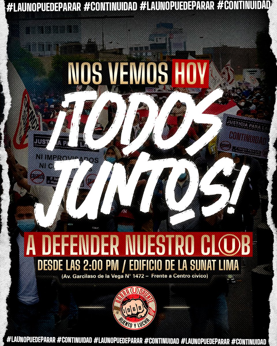 BARRA Ⓤ ORIENTE 1968 👊🏼 (@barra_u_oriente) on Twitter photo 🔥 ¡EL PUEBLO CREMA SE LEVANTA! 🔥
Convocamos a toda la hinchada, socios, adherentes y al verdadero pueblo de <a href="/Universitario/">Universitario</a>:
📢 ¡GRAN MARCHA EN DEFENSA DEL CLUB!
¡UNIVERSITARIO SE RESPETA!
#LAPRIMERABARRA1968 🔥 ¡EL PUEBLO CREMA SE LEVANTA! 🔥
Convocamos a toda la hinchada, socios, adherentes y al verdadero pueblo de <a href="/Universitario/">Universitario</a>:
📢 ¡GRAN MARCHA EN DEFENSA DEL CLUB!
¡UNIVERSITARIO SE RESPETA!
#LAPRIMERABARRA1968