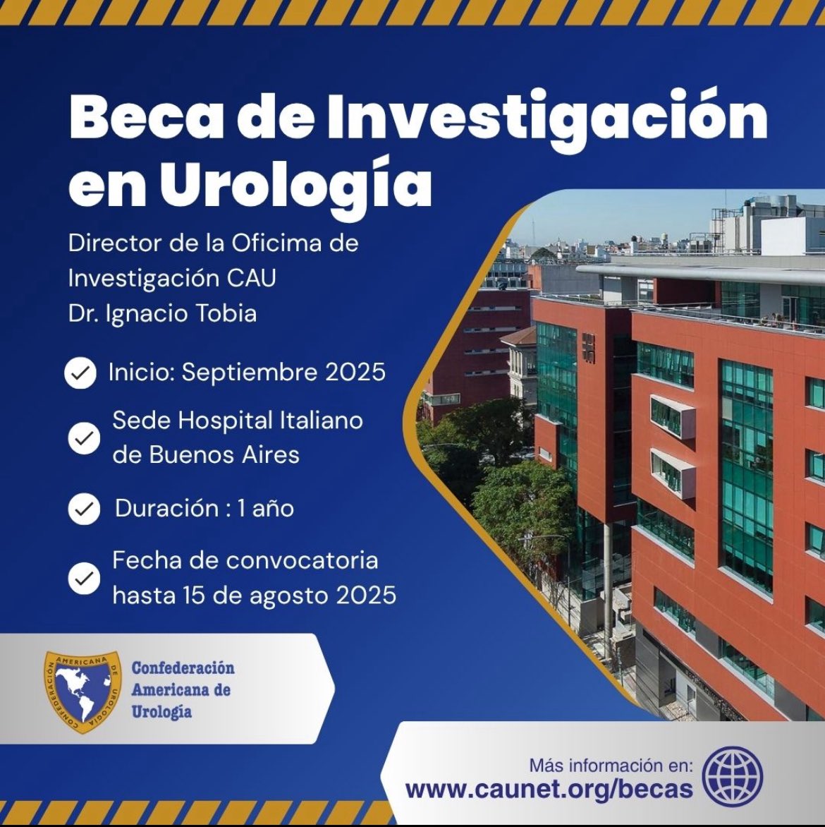 Primer beca de Investigación en Urología en Latinoamérica. Gran iniciativa de <a href="/CAU_URO/">Confederación Americana de Urología (CAU)</a> y del Servicio de Urología del Hospital Italiano de Buenos Aires <a href="/UroHIBA/">UroHIBA</a>  
Seguimos apoyando la formación de urólogos, poniendo a la investigación en un rol primordial.