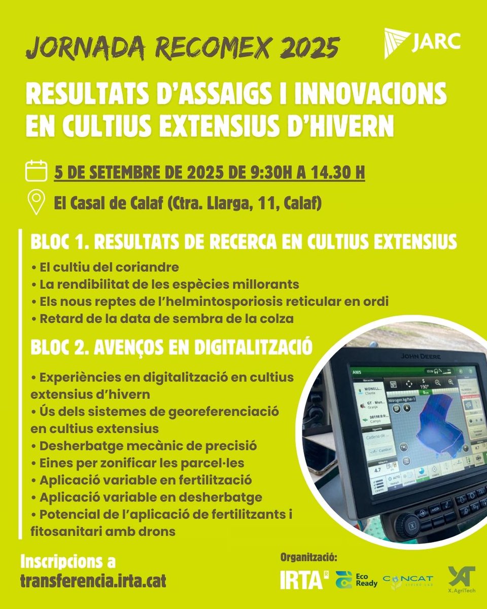 El 5 de setembre col·laborem a la Jornada RECOMEX 2025 a Calaf! 🌱📲
Parlarem de cultius extensius d’hivern i innovacions en digitalització.
🕤 De 9.30 h a 14.30 h
📍 Casal de Calaf
🎟️ Inscripcions: transferencia.irta.cat/activitats/rec… <a href="/irtacat/">IRTA</a> 
#JARC #RECOMEX2025 #Pagesia