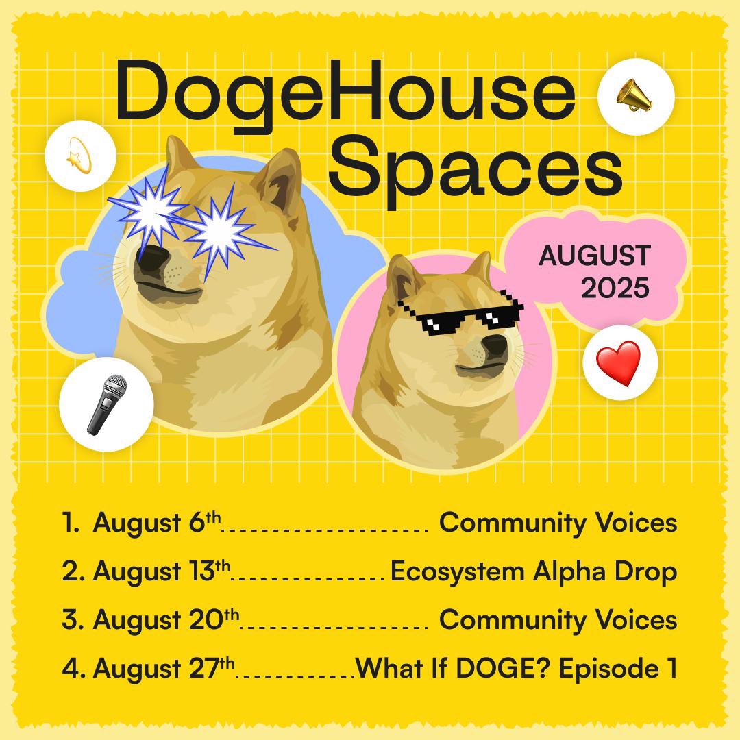 🚀 AUGUST X SPACES LINEUP IS HERE, DOGE FAM! 🚀

We're bringing the heat this month:

🎙️ Aug 6 - Community Voices 

🎧 Aug 13 - Ecosystem Alpha Drop

🗣️ Aug 20 - More Community Voices

🤔 Aug 27 - What If DOGE?

The doge army is about to get SO much smarter! 

Thread below 👇