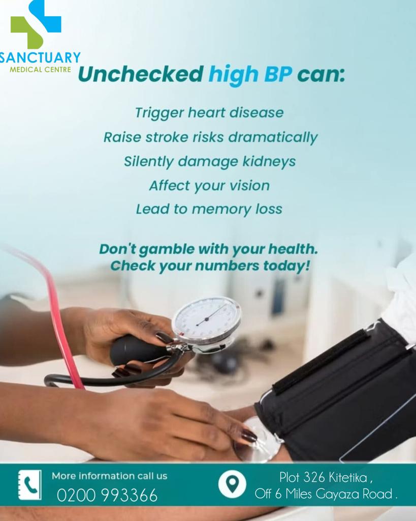 SMC_UG's tweet image. High BP often has no symptoms but can lead to stroke, heart attack, or kidney damage.

Know your numbers. Check regularly.
Stay ahead ,your health depends on it.

 #SanctuaryHeartCare #HeartHealth #CheckYourBP
#SanctuaryWeCareforYou