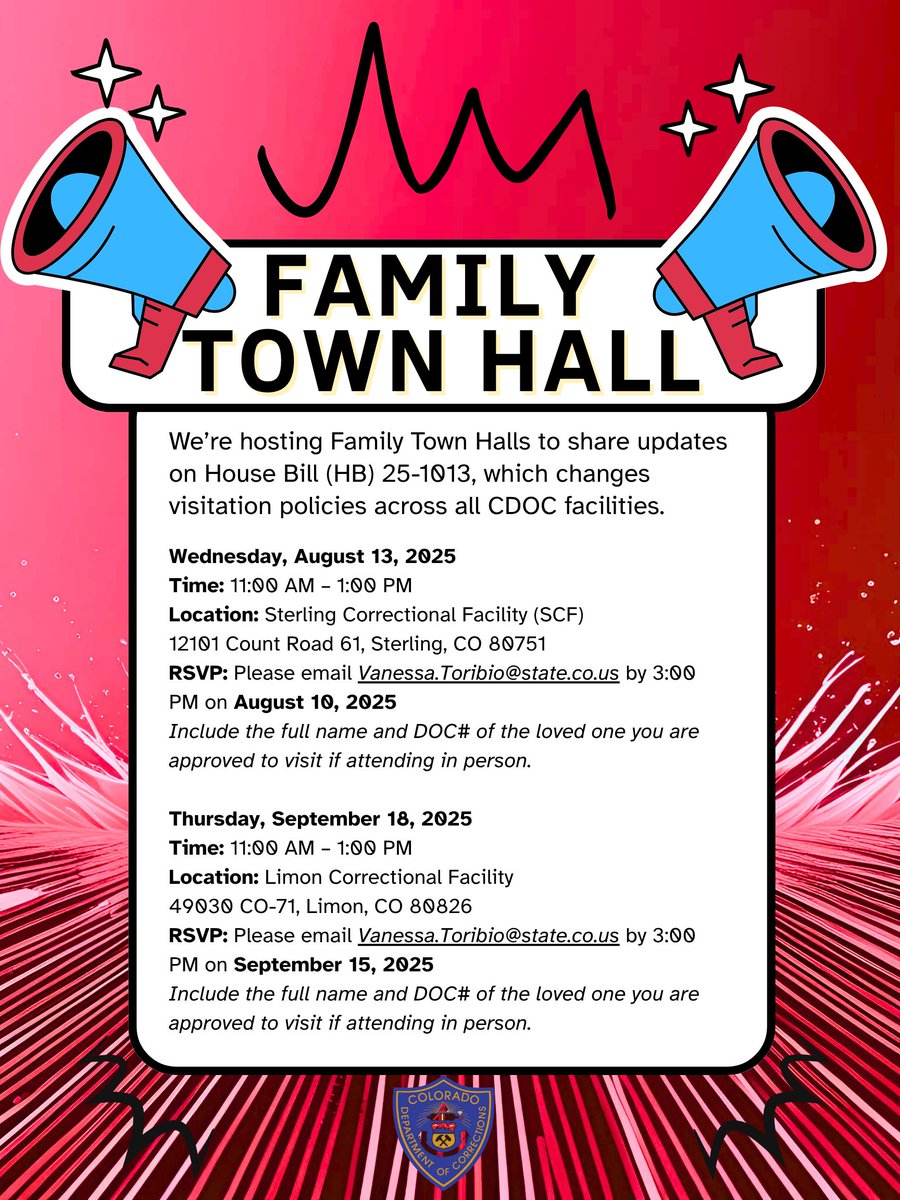 ANNOUNCEMENT: Upcoming Family Town Halls on Visitation Policy Updates.

We invite families to join us for a series of Town Halls to discuss the implementation of new visitation policies (HB 25-1013). #CDOC #Colorado #LCF #SCF