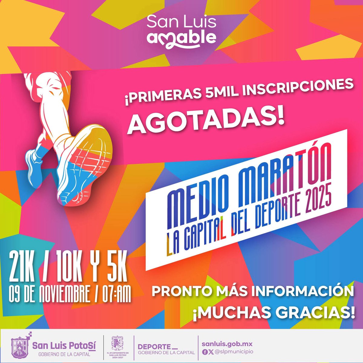 Hace unos minutos se agotaron los primeros 5000 lugares para el 1/2 Maratón en #LaCapitalDelDeporte 🏃🏻‍♂️🏃🏻‍♀️

¡Gracias a todas y todos los que se inscribieron hasta el día de hoy!

En septiembre abriremos 5000 lugares más, gratuitos para que todos puedan disfrutar de este gran evento