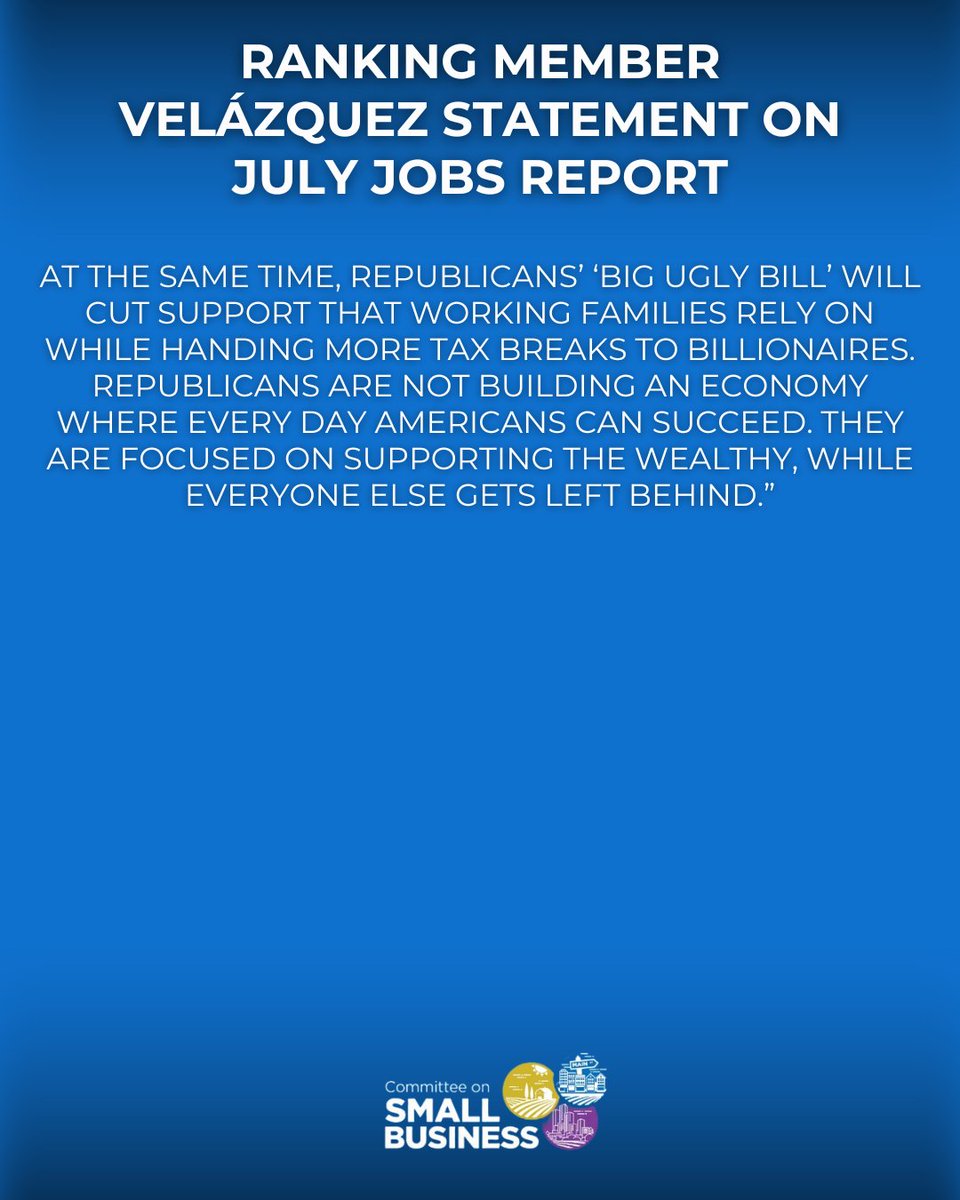 📉 July’s jobs report is a warning sign.

Unemployment is rising, manufacturing is shrinking, and prices keep climbing.

Read Ranking Member <a href="/NydiaVelazquez/">Rep. Nydia Velazquez</a>’s full statement on why Trump’s tariffs and GOP cuts are making things worse for working families ⬇️