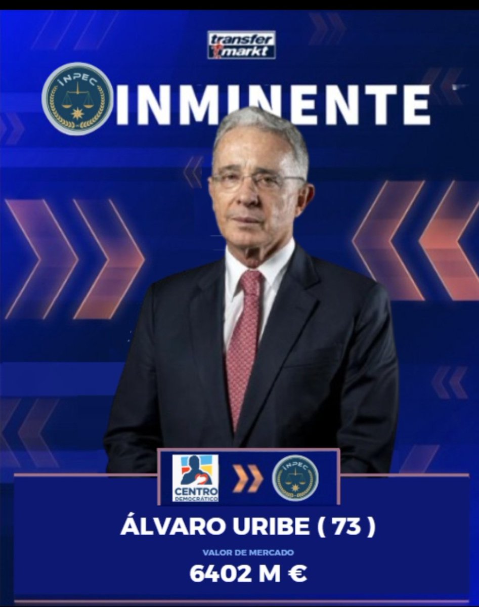 LeagueOfi's tweet photo. 🚨 #EXCLU El expresidente de Colombia extremo por derecha, Alvaro Uribe Velez " (73) fue cedido al INPEC FC por un valor de 6.402 dólares. 

👀 El contrato será por 12 temporadas. 💪Se espera mañana en la sede de entrenamiento de la picota

🤝 HERE WE GO 🔥🔥🔥@PSierraR https://t.co/laJTKgkPmz