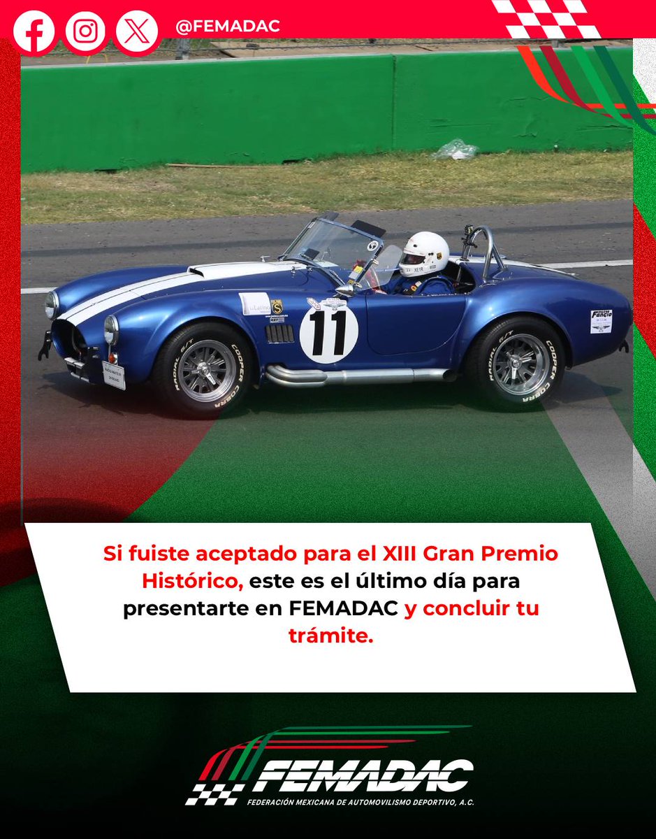 Femadac's tweet photo. 📅 Hoy es 1° de agosto y se cierra el periodo de trámites para el XIII Gran Premio Histórico. Si fuiste aceptado, aún estás a tiempo de presentarte en FEMADAC y completar tu inscripción.

#FEMADAC #FEMADACInforma https://t.co/Ra5sBmGCe5