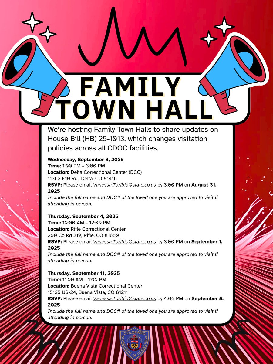 ANNOUNCEMENT: Upcoming Family Town Halls on Visitation Policy Updates.

We invite families to join us for a series of Town Halls to discuss the implementation of new visitation policies (HB 25-1013). #CDOC #Colorado #DCC #RCC #BVCC