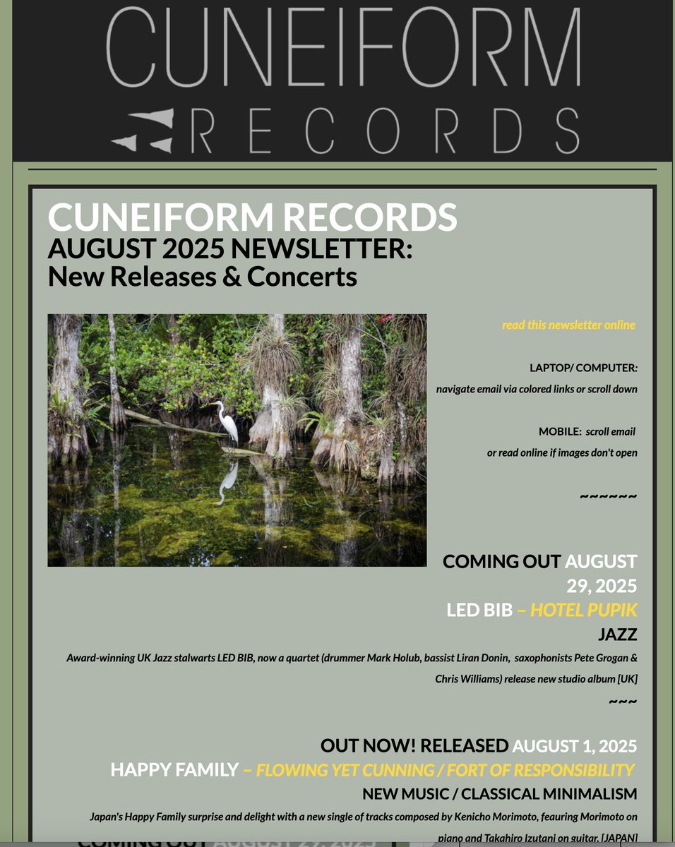 Cuneiform Records AUGUST 2025 Newsletter is here!  Filled with NEW RELEASES (new JAZZ studio album from LED BIB, an EP of classical MINIMALISM from HAPPY FAMILY); digital releases; global concert calendar &amp; more. mailchi.mp/cuneiformrecor…