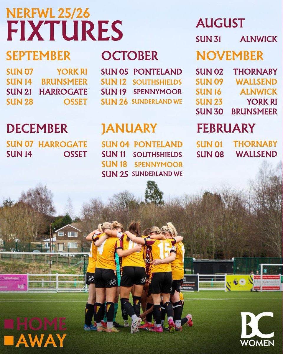 Our 2025/26 NERWFL fixtures have been confirmed. 🗓️

*all fixtures are subject to change*

#BCAFC