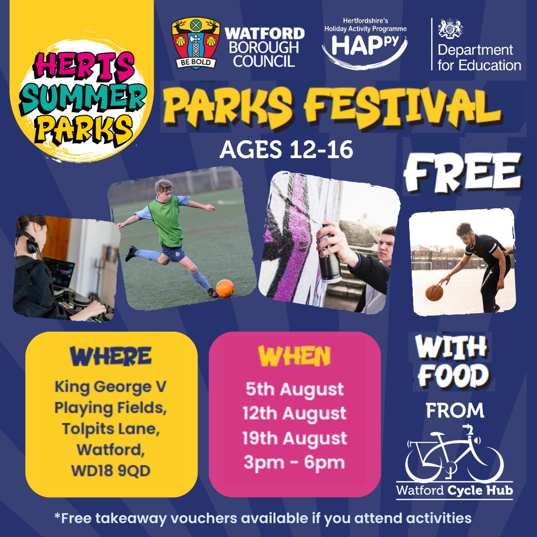 We're delighted to be taking part in the Herts Summer Parks free activity programme for 12-16 year olds again this year. Tuesdays 3-6pm starting from next week, including a free food voucher to redeem at the Cycle Hub cafe.

Sign up here: bit.ly/3UbJqPj
<a href="/WatfordCouncil/">Watford Council</a>