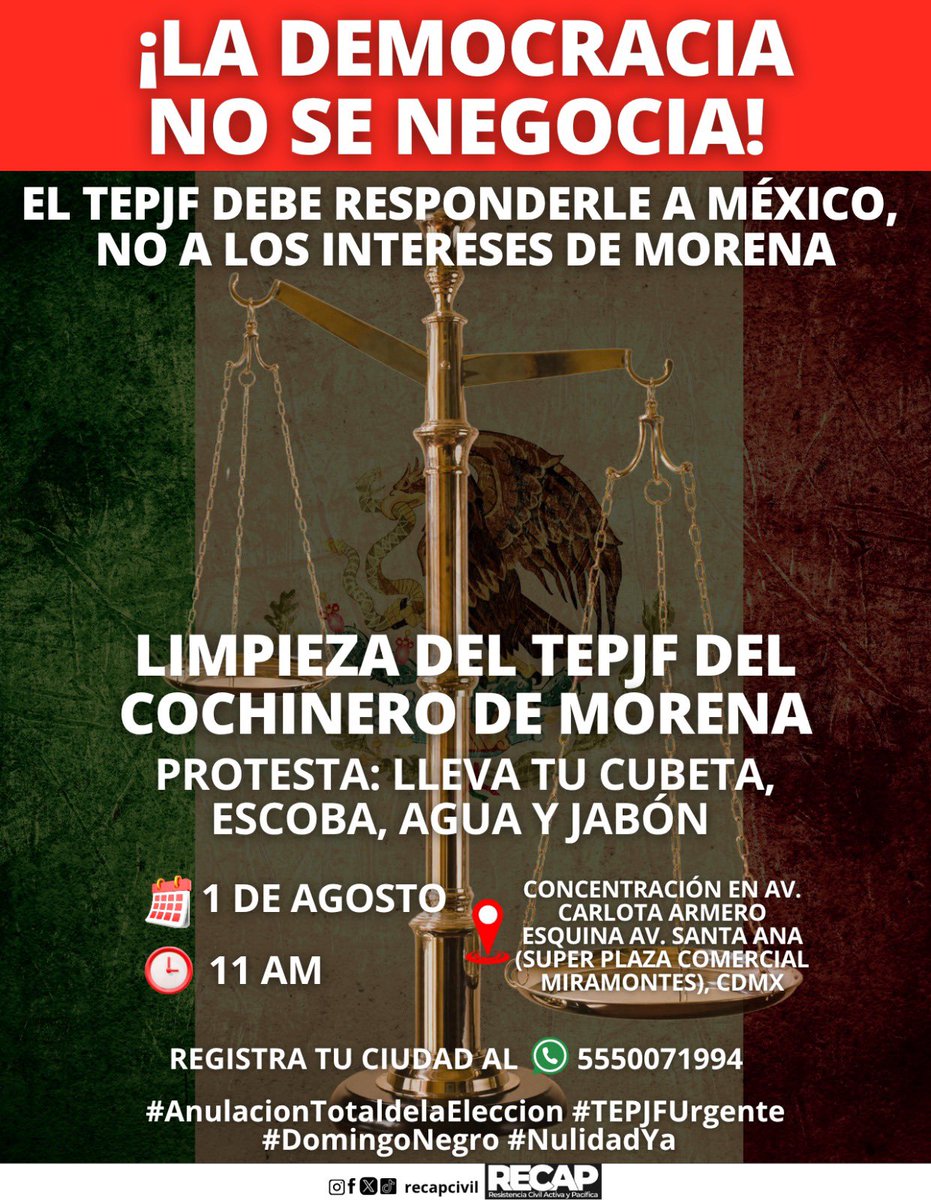 Efectocolmenamx (@efectocolmenamx) on Twitter photo Magistrados, Mónica Soto, <a href="/FFuentesBarrera/">Felipe Fuentes Barrera</a>, <a href="/fdelamatap/">Felipe de la Mata Pizaña</a>, <a href="/ReyesRdzM/">Reyes Rodríguez Mondragón</a> y <a href="/JanineOtalora/">Janine M. Otálora</a> estamos al pie del <a href="/TEPJF_informa/">TEPJF</a> para recordarles que tienen la oportunidad de limpiar la muy cuestionada #ElecciónJudicial.
¡ #NulidadTotalDeLaElección !
#NoALaFarsaElectoral
<a href="/nmasforo/">N+ FORO</a> Magistrados, Mónica Soto, <a href="/FFuentesBarrera/">Felipe Fuentes Barrera</a>, <a href="/fdelamatap/">Felipe de la Mata Pizaña</a>, <a href="/ReyesRdzM/">Reyes Rodríguez Mondragón</a> y <a href="/JanineOtalora/">Janine M. Otálora</a> estamos al pie del <a href="/TEPJF_informa/">TEPJF</a> para recordarles que tienen la oportunidad de limpiar la muy cuestionada #ElecciónJudicial.
¡ #NulidadTotalDeLaElección !
#NoALaFarsaElectoral
<a href="/nmasforo/">N+ FORO</a>