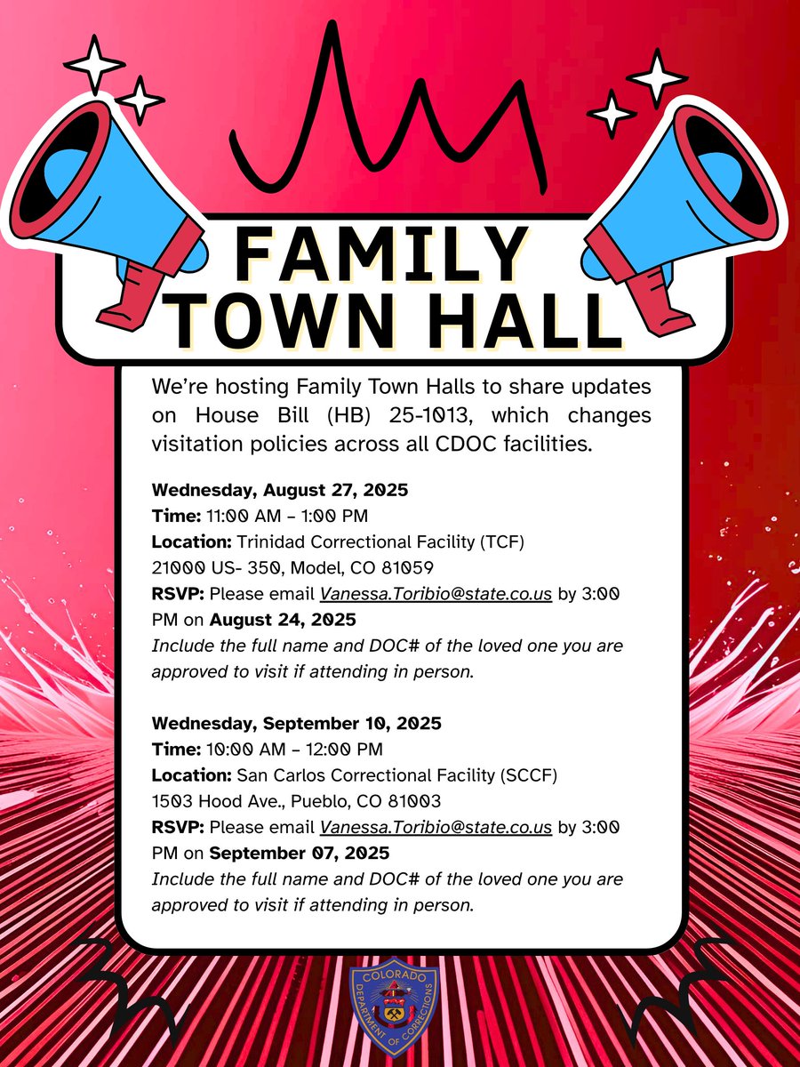 ANNOUNCEMENT: Upcoming Family Town Halls on Visitation Policy Updates.

We invite families to join us for a series of Town Halls to discuss the implementation of new visitation policies (HB 25-1013). #CDOC #Colorado #SCCF