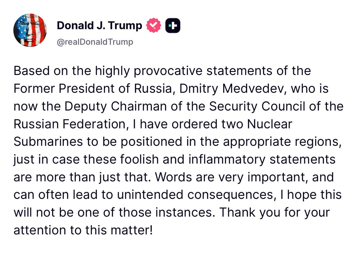 🚨☢️🇷🇺🇺🇸 𝗔𝗟𝗘𝗥𝗧𝗘 𝗜𝗡𝗙𝗢 — Donald Trump ordonne l’envoi de DEUX SOUS-MARINS NUCLÉAIRES en réponse à des commentaires "provocateurs" de la Russie.