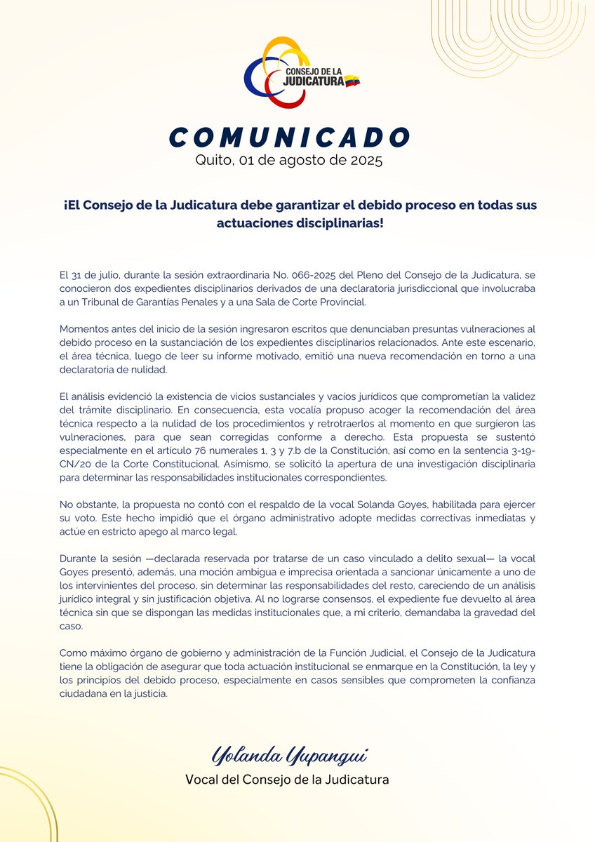 ¡El Consejo de la Judicatura debe garantizar el respeto al debido proceso en todas sus actuaciones disciplinarias!

A la ciudadanía: