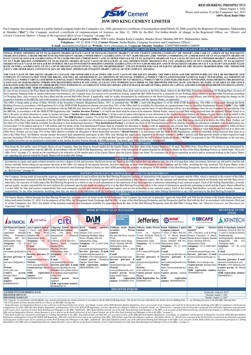 🚨BREAKING IPO KING News🚨

JSW Cements IPO King Limited filed RHP with SEBI on 1-Aug-2025 for IPO

Issue Date : 7-Aug to 11-Aug, 2025
Fresh : ₹1600 cr.
Ofs : ₹2000 cr.
Retail : 35%.
FV : ₹10

#IPO #IPOAlert #IPOKing #IPOTracker #JSWCementIPO