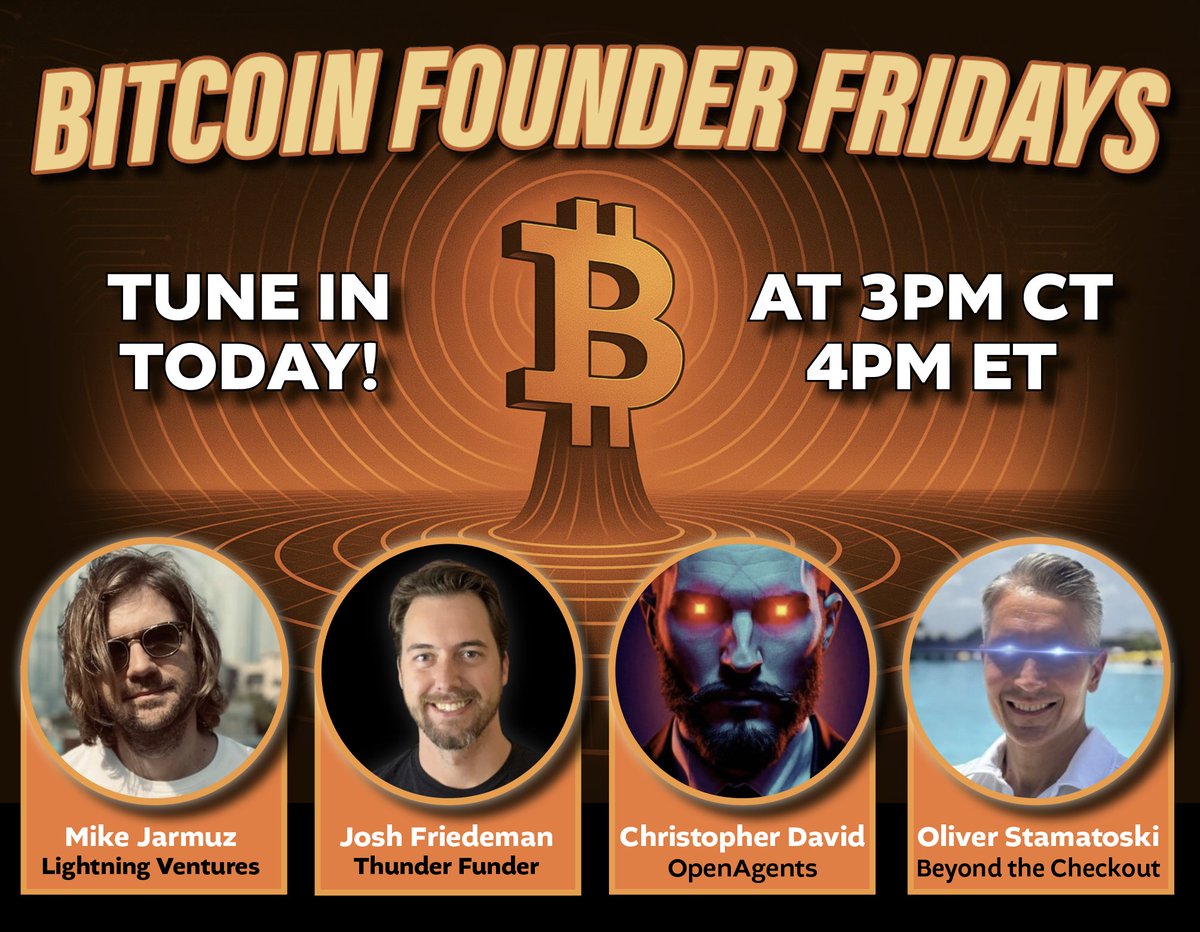 Lightning Ventures (@ltngventures) on Twitter photo Join us today as we sit down to talk with #Bitcoin founders <a href="/AtlantisPleb/">Christopher David 🌊</a> of <a href="/OpenAgentsInc/">OpenAgents ⚡</a> and <a href="/OliverStamato/">Oliver Stamatoski</a> of <a href="/BTCheckoutTech/">Beyond The Checkout</a>.
Starting @ 3pm CT | 4pm ET 👇🏻
x.com/i/spaces/1vOGw… Join us today as we sit down to talk with #Bitcoin founders <a href="/AtlantisPleb/">Christopher David 🌊</a> of <a href="/OpenAgentsInc/">OpenAgents ⚡</a> and <a href="/OliverStamato/">Oliver Stamatoski</a> of <a href="/BTCheckoutTech/">Beyond The Checkout</a>.
Starting @ 3pm CT | 4pm ET 👇🏻
x.com/i/spaces/1vOGw…