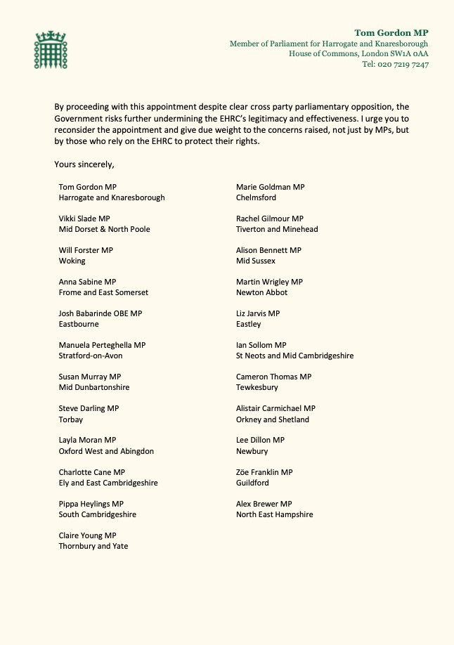 I’ve written, alongside colleagues, to the Minister for Women &amp; Equalities about the appointment of the new EHRC Chair.

We share the concerns that both the JCHR and WEC had during the pre-appointment hearing. 

The EHRC urgently needs to rebuild trust with all communities.