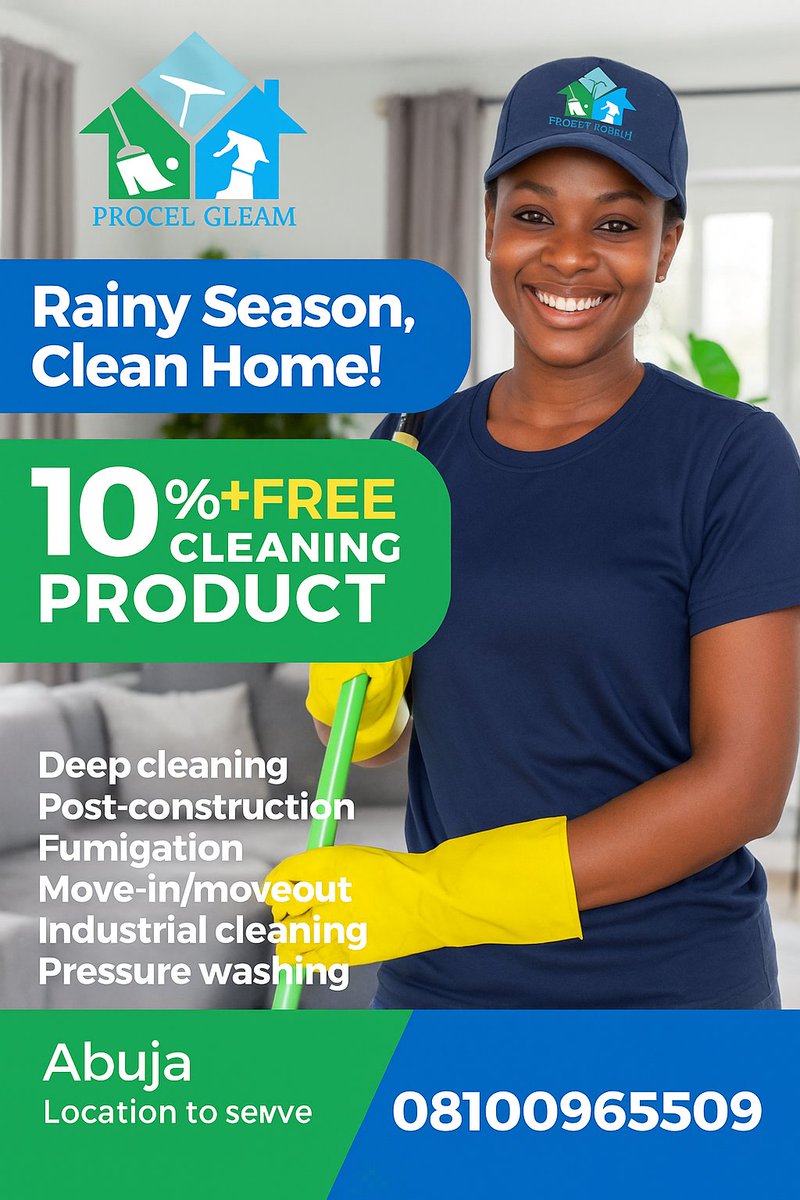 GleamCleaners's tweet photo. @aproko_doctor @azeezahibrahim_ We are a professional cleaning services provider based in Abuja, we offer deep cleaning, post-construction, fumigation, pressure washing, office cleaning and more. We are reliable, affordable and professional. WhatsApp/call 08100965509 https://t.co/9fhVOOuKRr