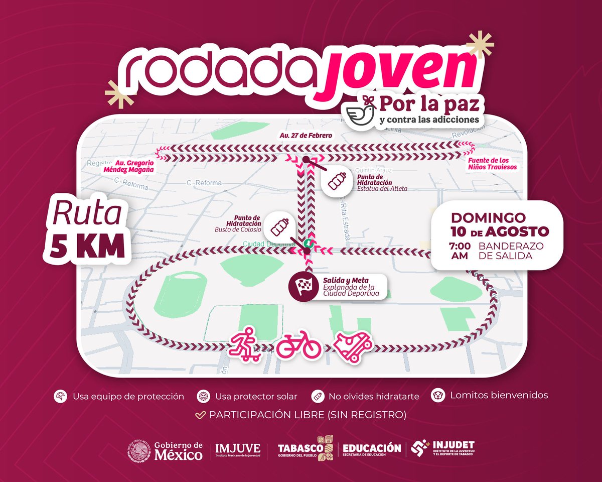 ¡Ey ciclista! Esta es la Ruta de la Rodada Joven #PorLaPazYContraLasAdicciones en Tabasco 🕊️🚲🛹🛼

📅 Domingo 10 de agosto.

🏁Salida y Meta: Explanada de la Ciudad Deportiva de Villahermosa.