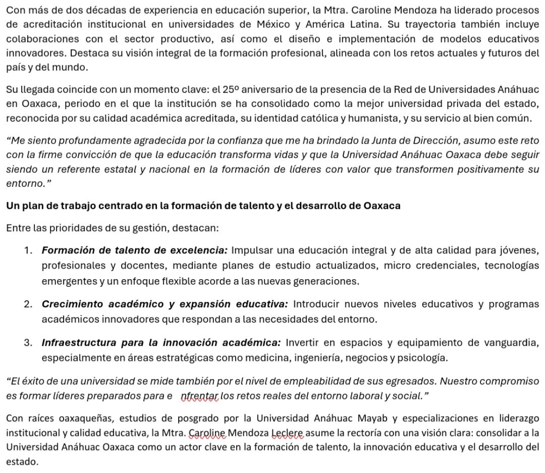 ROTATIVO OAXACA (@rotativooaxaca) on Twitter photo A partir de hoy, la Mtra. Caroline Mendoza Leclere asume la rectoría de la Universidad <a href="/AnahuacOaxaca/">Anáhuac Oaxaca</a>; inicia nueva etapa enfocada en el fortalecimiento académico, el crecimiento institucional y la innovación educativa, con énfasis en el desarrollo social y económico del estado. A partir de hoy, la Mtra. Caroline Mendoza Leclere asume la rectoría de la Universidad <a href="/AnahuacOaxaca/">Anáhuac Oaxaca</a>; inicia nueva etapa enfocada en el fortalecimiento académico, el crecimiento institucional y la innovación educativa, con énfasis en el desarrollo social y económico del estado.