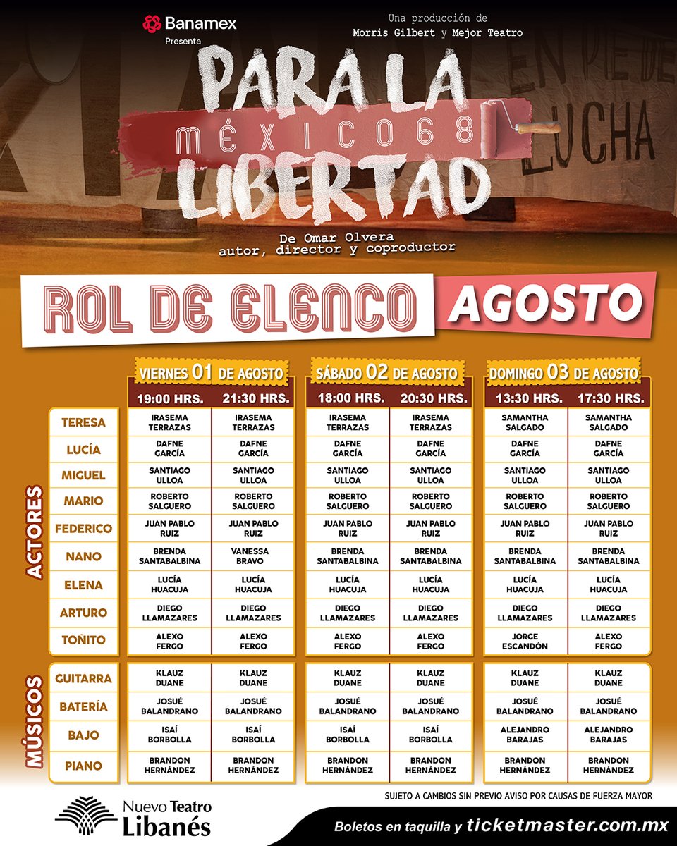 Mejor Teatro (@mejorteatro) on Twitter photo Adquiere tus boletos y acompáñanos este fin de semana en un viaje al México de 1968 en <a href="/PLaLibertadMX/">Para La Libertad. México 68</a>, un canto a la memoria a través de las letras de Serrat.
📆 1 de ago. | ⏰ 7 y 9:30 p.m.
📆 2 de ago. | ⏰ 6 y 8:30 p.m.
📆 3 de ago. | ⏰ 1:30 y 5:30 p.m.
🎟️ Adquiere tus boletos y acompáñanos este fin de semana en un viaje al México de 1968 en <a href="/PLaLibertadMX/">Para La Libertad. México 68</a>, un canto a la memoria a través de las letras de Serrat.
📆 1 de ago. | ⏰ 7 y 9:30 p.m.
📆 2 de ago. | ⏰ 6 y 8:30 p.m.
📆 3 de ago. | ⏰ 1:30 y 5:30 p.m.
🎟️