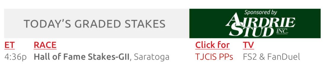 TDN (@thetdn) on Twitter photo Today’s Graded Stakes 🎉
Thanks to our sponsor, <a href="/AirdrieStud/">Airdrie Stud</a>. Today’s Graded Stakes 🎉
Thanks to our sponsor, <a href="/AirdrieStud/">Airdrie Stud</a>.
