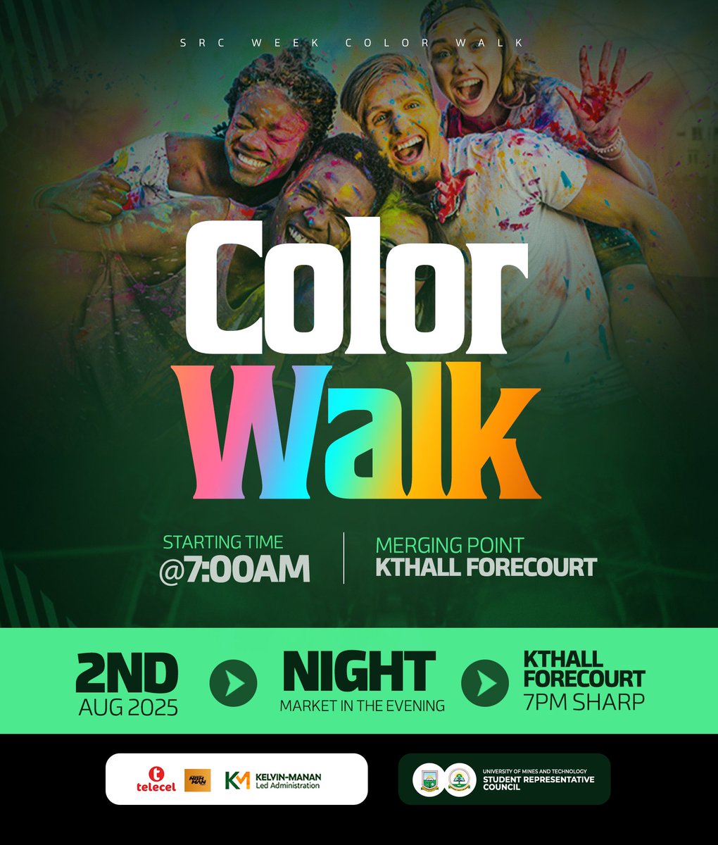 umat_src's tweet image. 🌈 Color Walk is Here
Join us this Saturday , for a day full of fun, color, and vibes.
📍 Meeting Point: KTHall Forecourt
🕖 Time: 7:00AM Sharp
🎉 Come for the walk, stay for the night market.💃🕺
#UMaTSRCWeek
#ColorWalk