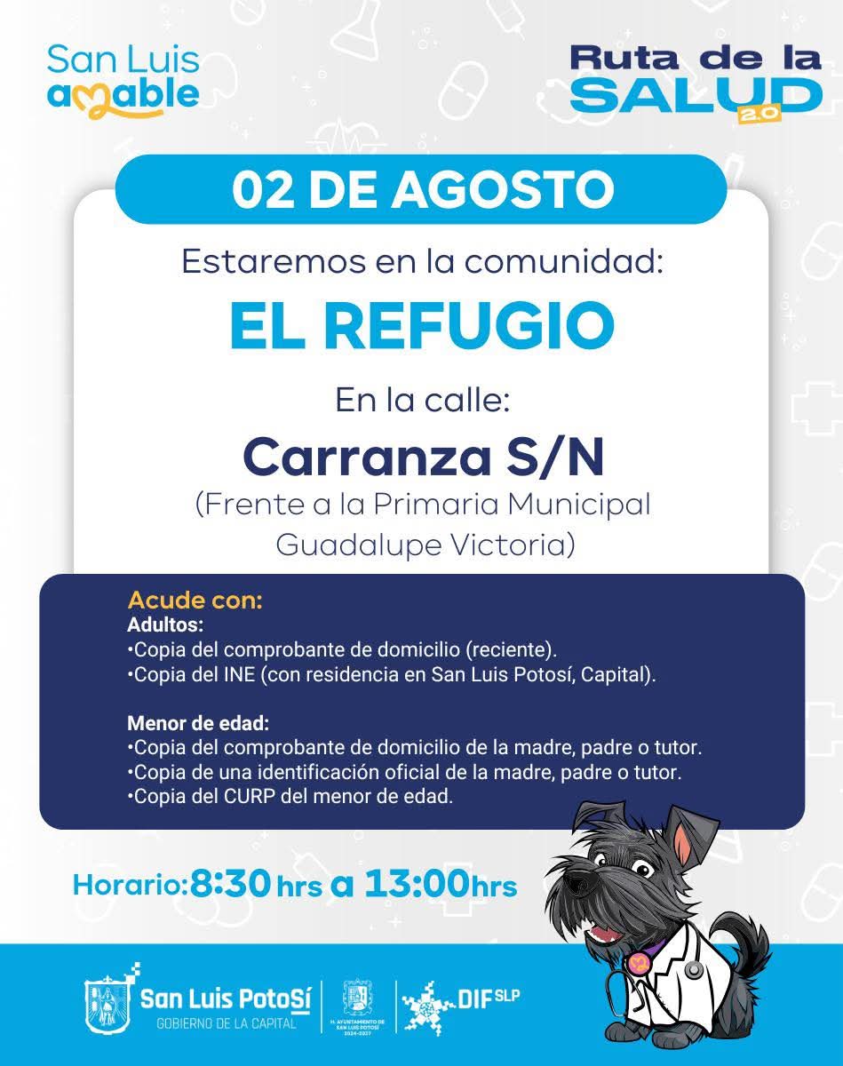 Mañana 2 de agosto la #LaRutaDeLaSalud llega a la comunidad: EL REFUGIO 💙💠

📍 Encuéntranos en la calle Carranza frente a la primaria Municipal Guadalupe Victoria.
⏰ Horario: 8:30 hrs a 13:00 hrs ⏰
¡No olvides traer tus documentos! 📄

¡Ya puedes agendar tu cita en línea para