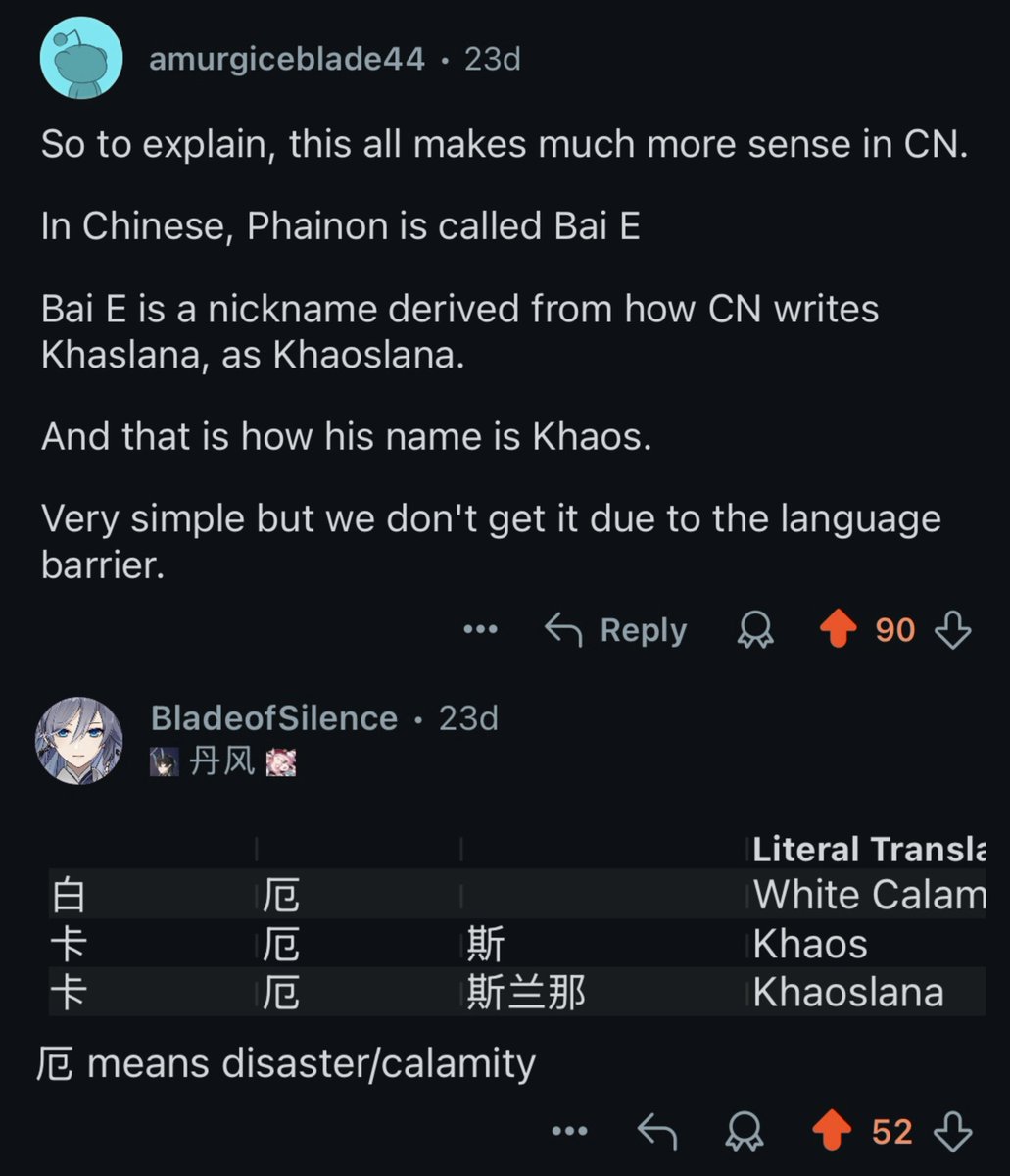 SC4RLETSANDS's tweet image. i was always confused if khaslana is actually phainon's real name since the people in aedes elysiae also called him phainon. turns out phainon is also a nickname lost in translation from CN.

so it's like
mydeimos / mydei / de
khaslana / khaos / phainon