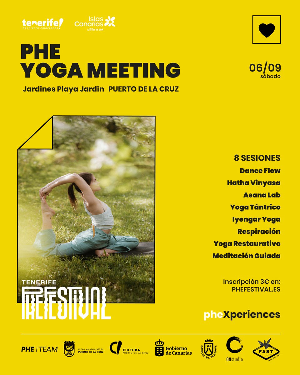 ¡INSCRIPCIONES ABIERTAS! 🧘🏻 6ª edición de #PheYOGA 🪷✨ Únete al encuentro multitudinario el sábado 5 de septiembre.

🗓 Sábado 5 septiembre de 10.00h a 14.00h
📍 Jardines de Playa Jardín

✔️ Reserva ya tu plaza por solo 3€: phefestival.es/phe-yoga-2025/

¡Nos vemos en la esterilla!
