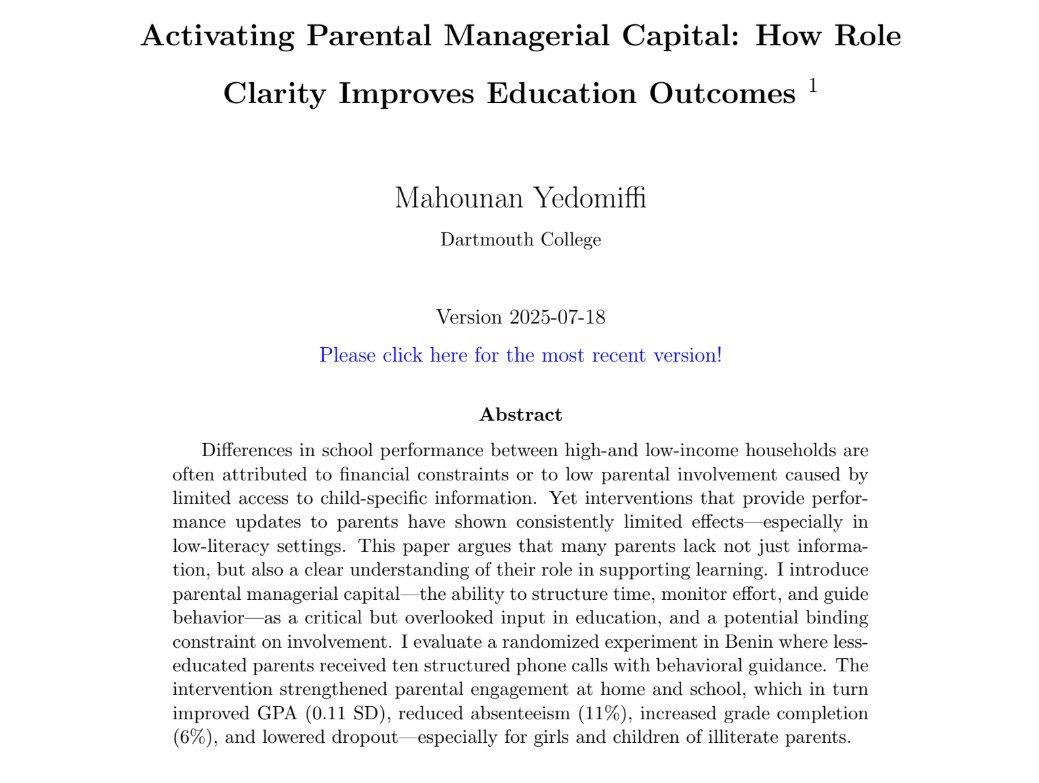 Helping parents with low literacy levels to understand how they can support their children's learning increased learning and reduced dropout. 

drive.google.com/file/d/1aRqICX…

<a href="/MYedomiffi/">Mahounan Yedomiffi</a> with evidence from Benin

#LACDEV2025