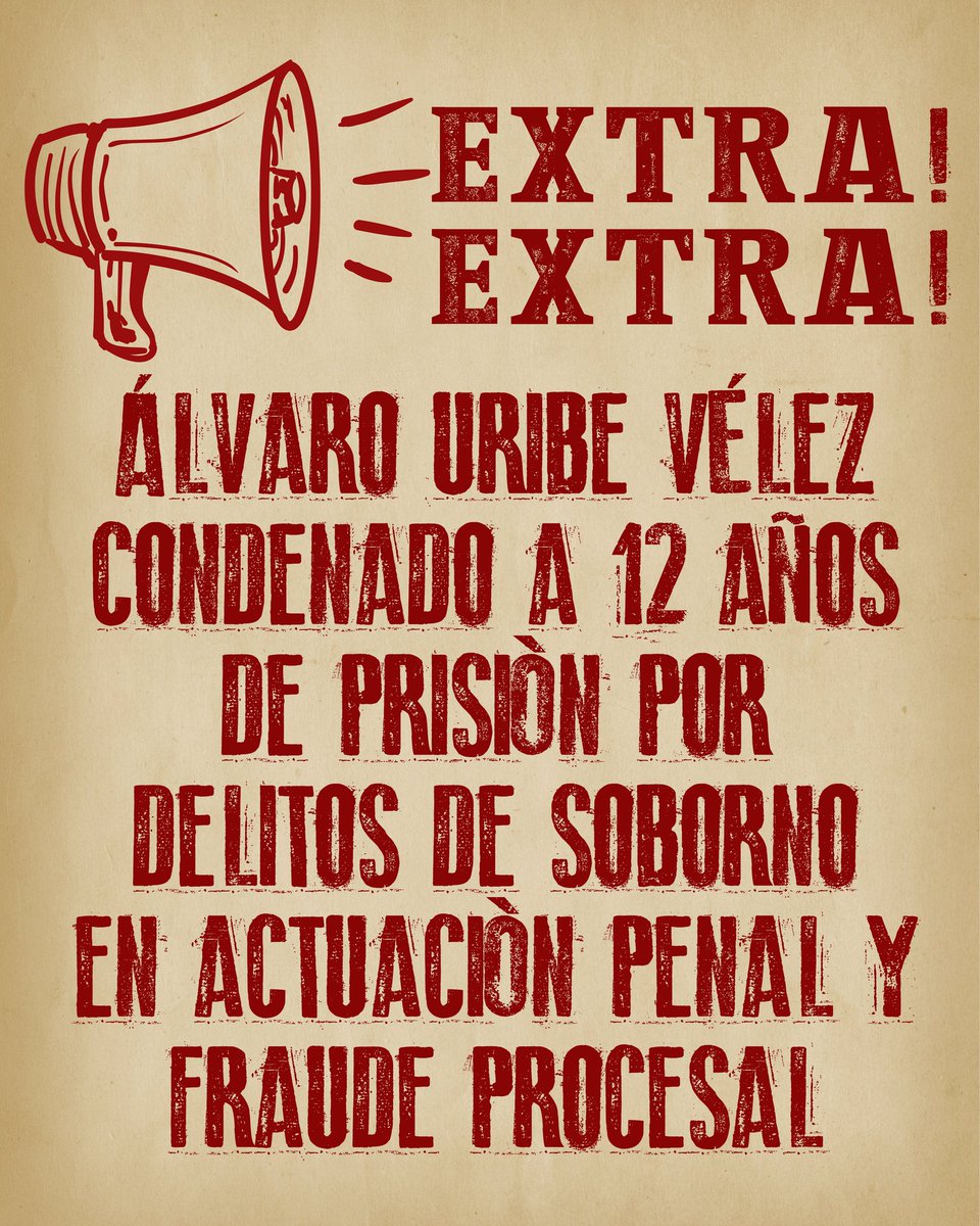 EXTRA EXTRA

ÁLVARO URIBE VÉLEZ CONDENADO A 12 AÑOS DE PRISIÓN POR DELITOS DE SOBORNO EN ACTUACIÓN PENAL Y FRAUDE PROCESAL