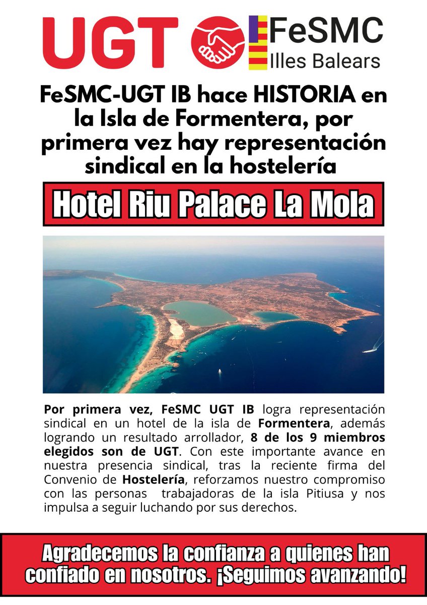 FeSMC-UGT IB hace HISTORIA en la Isla de Formentera, por primera vez hay representación sindical en la hostelería y es de UGT.